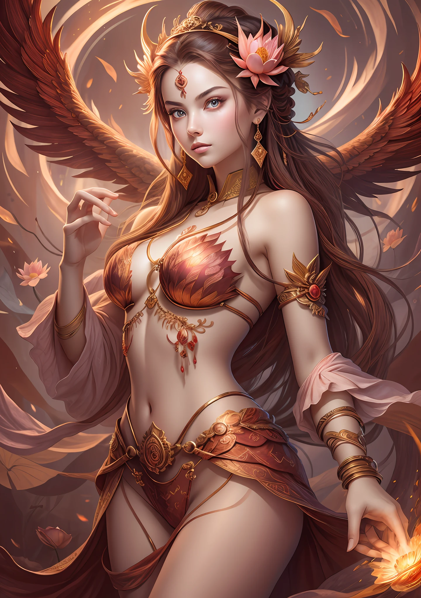 (Masterpiece, best quality: 1.2), a girl standing in a ring of fire, with glowing red eyes, phoenix, lotus flowers, red gold pink