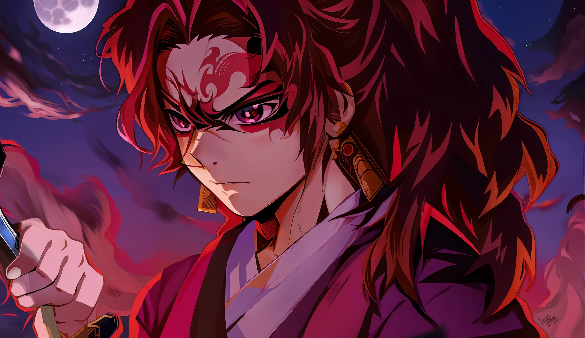 Anime character with long hair holding a sword in front of a full moon, cute face in Demon Slayer art, Kimetsu no Yaiba, inspired by Demon Slayer, Yoriichi Tsugikuni, Demon Slayer Artstyle, Demon Slayer anime image, Tanjiro Kamado