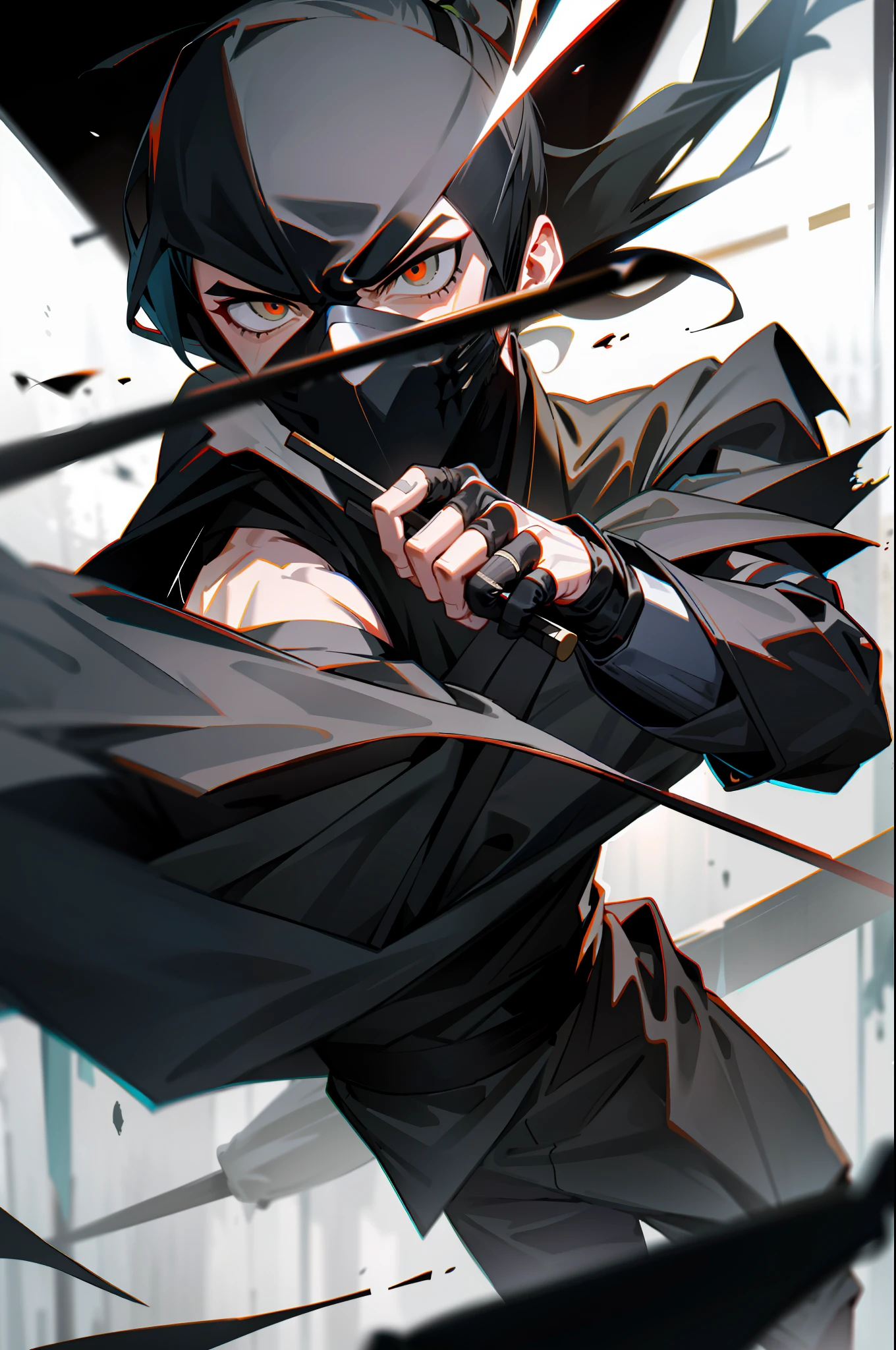Masterpiece, dynamic, detailed diced skin, impressive lighting, prisoner of war, boy ninja, ponytail, black mask, half-naked, torn clothing, restrained, angry, noose, holding wet stick