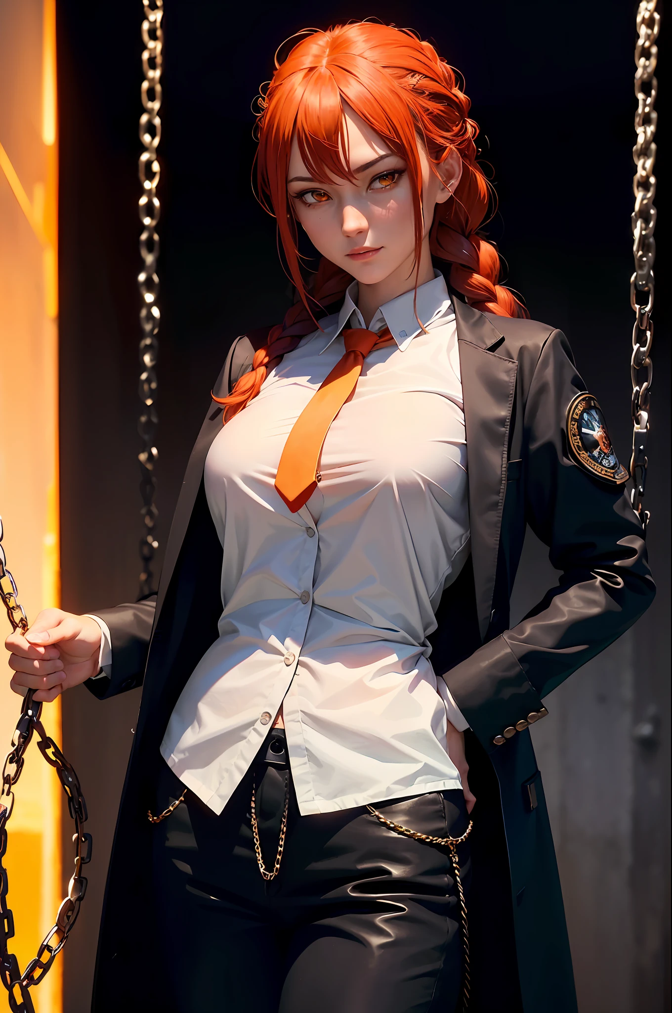 makima \(chainsaw man\), best quality, ultra detailed, 1girl, solo, standing, red hair, long braided hair, golden eyes, bangs, medium breasts, white shirt, black necktie, black long coat, black pants, stare, smile, (evil:1.2), looking at viewer, (interview:1.3), (dark background, chains:1.3), from below, sharp contrast , gorgeous detailed eyes, focus , close up shot , glowing orange eyes