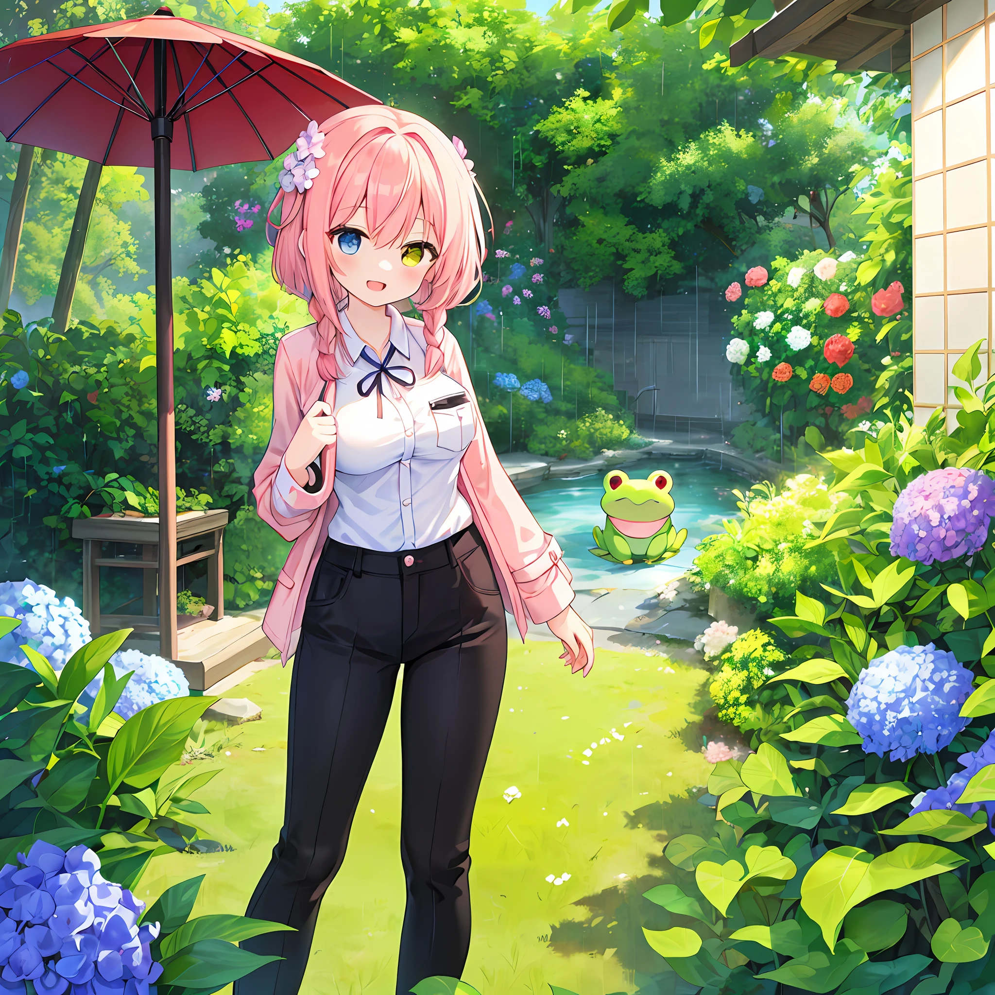 Anime illustrations in the style of "Kyoto Animation", highest quality, (cute: 1.1), 8K, (high resolution: 1.2), incredibly ridiculous: 1.3, incredibly fine illustrations, cute girls, (heterochromia, light blue eyes and light green eyes), standing figure, happiness, :d, masterpiece, highest quality, absurdity, high resolution, official art, (cute: 1.8), ((Chibi character) (1.5)), Solo, ((pale pink hair, braids on both sides, cute flower ribbon)), thin hair, one beautiful girl, (cute: 1.8), caregiver, ((red three-button polo shirt, breast pocket, black pants, red, apple watch on the right wrist, yellow raincoat, fashionable umbrella)), watch the viewer, from the front, princess eyes, huge, from the front, hydrangeas, rainy weather, Frog, Deformed Character