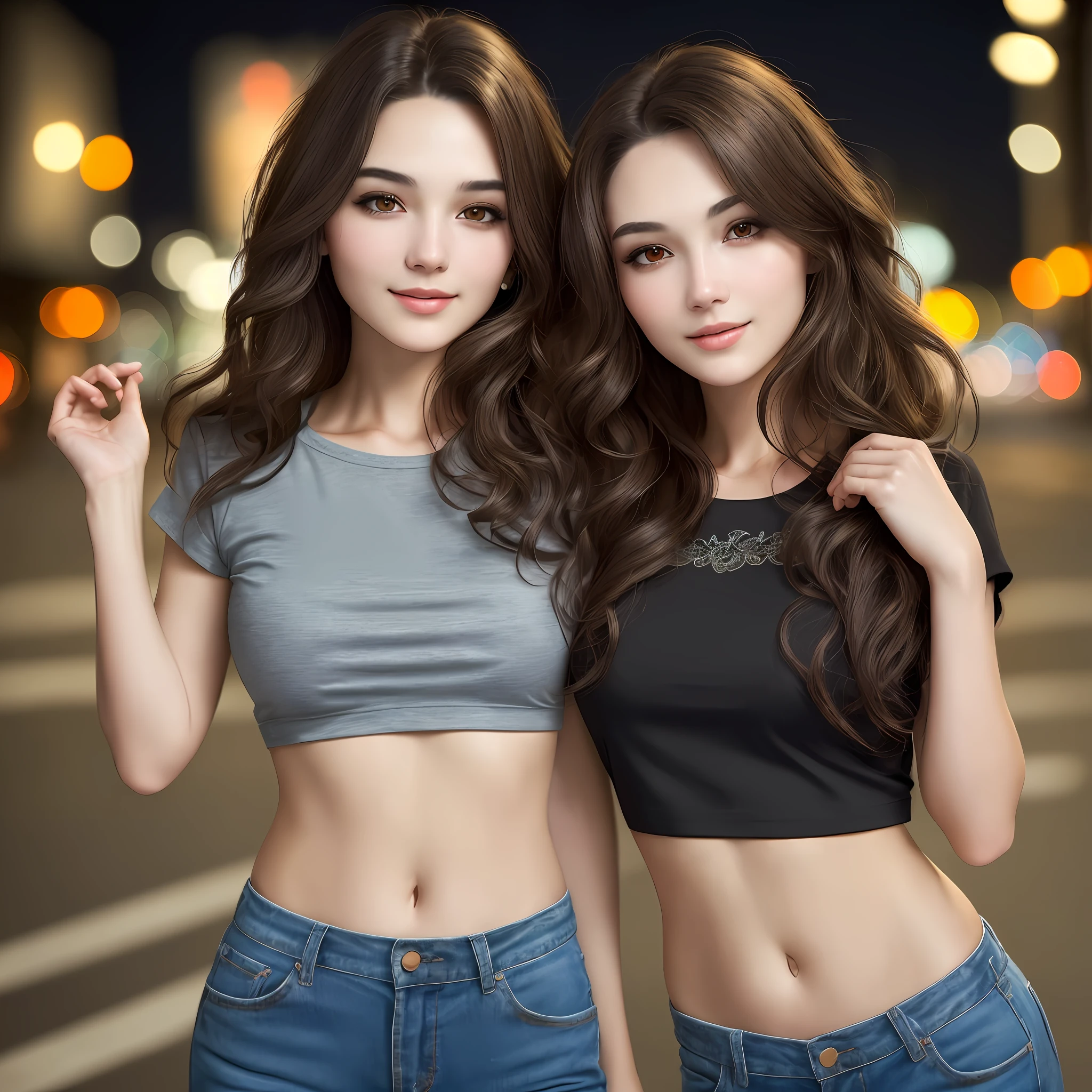 (Best quality, High resolution, Masterpiece :1.3), A pretty woman, Slender figure, Dark brown hair styled in loose waves, T-shirt, (Street in city at night), Intricate details exquisitely rendered in the face and skin texture, Detailed eyes, Double eyelid