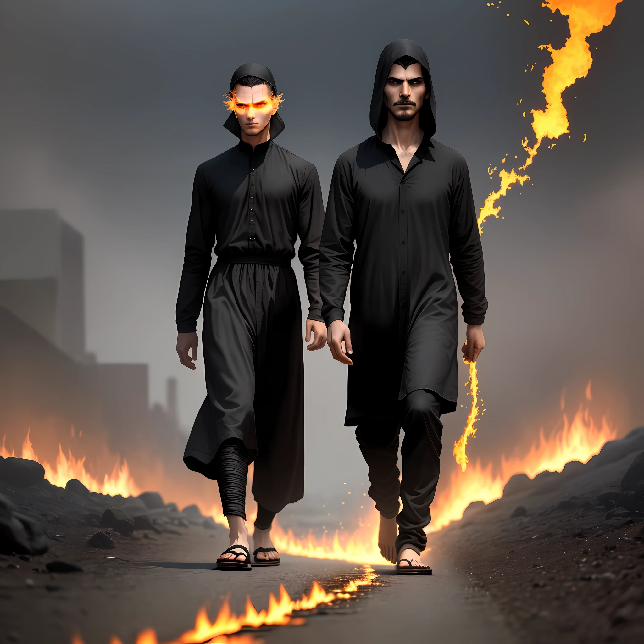 There is a man walking his face this is half visible a part, his feet catch fire and he has long arms black clothing from the times of the ancient mediaval burn on the leg. Descaclço