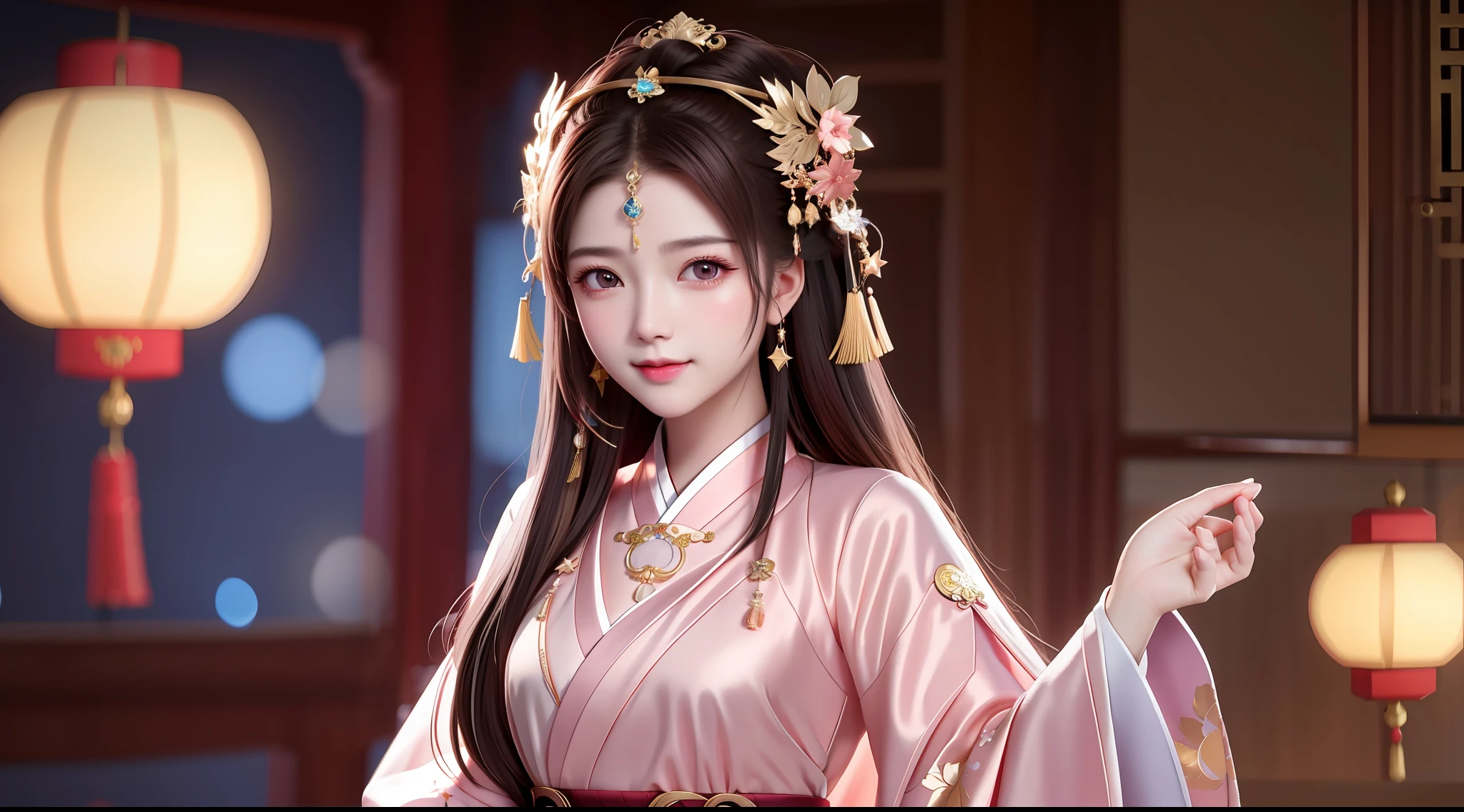 best quality, masterpiece, highres, 1girl,blush,(seductive smile:0.8),star-shaped pupils,china hanfu,hair ornament,necklace, jewelry,Beautiful face,upon_body, tyndall effect,photorealistic, dark studio, rim lighting, two tone lighting,(high detailed skin:1.2), 8k uhd, dslr, soft lighting, high quality, volumetric lighting, candid, Photograph, high resolution, 4k, 8k, Bokeh