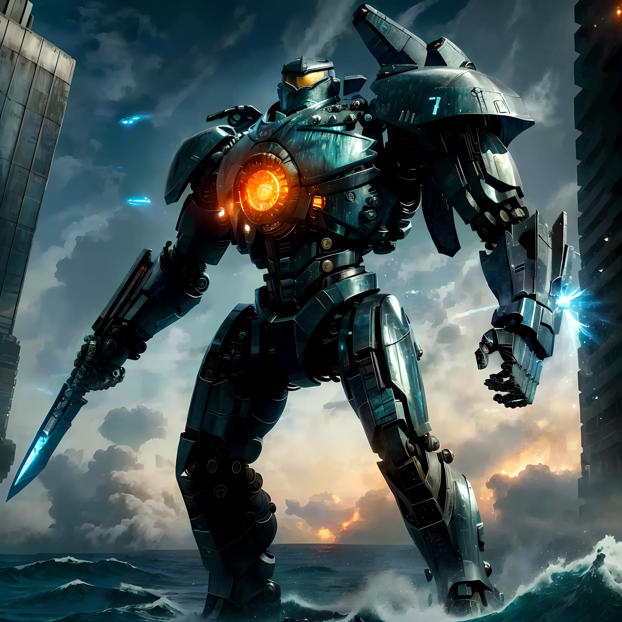 Arafard robot, Pacific Rim Jaeger-LeCoultre, 8K HD wallpaper, HDR picture quality, seventh generation Jaeger-LeCoultre mecha, 2 burning turbo nuclear reactors in the center of the chest, right arm long straight chain sword, left arm plasma cannon, dazzling white light, shining universe dark blue background, the Pacific Ocean is full of eyes, the movie "Pacific Rim" still picture screensaver is the best choice. Fine detail, 4K wallpaper, arms outstretched, body and arms defined, full body,masterpiece, best quality,mecha,Gipsy Danger,realistic, fantasy, no_humans, scenery