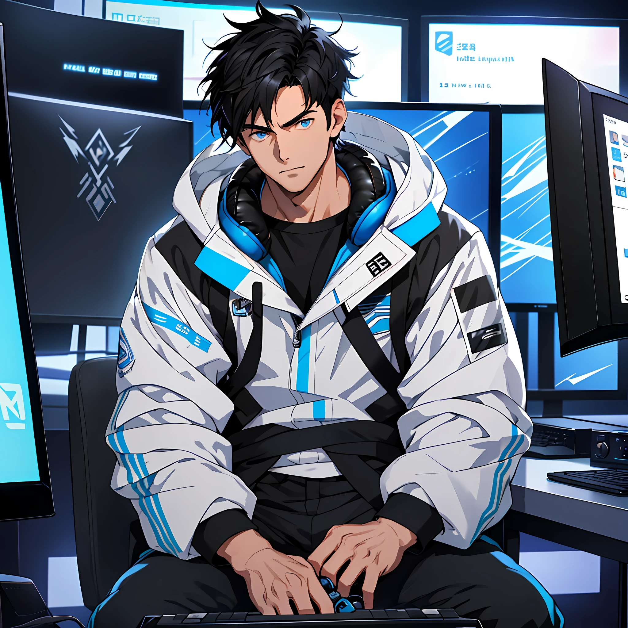 A handsome boy, a man with short black hair, handsome guy,, blue eyes, best quality: 1.0), (super high resolution: 1.0), anime handsome boy, CAG headphones, short black hair, blue eyes, sitting in front of computer playing games, background in esports room
