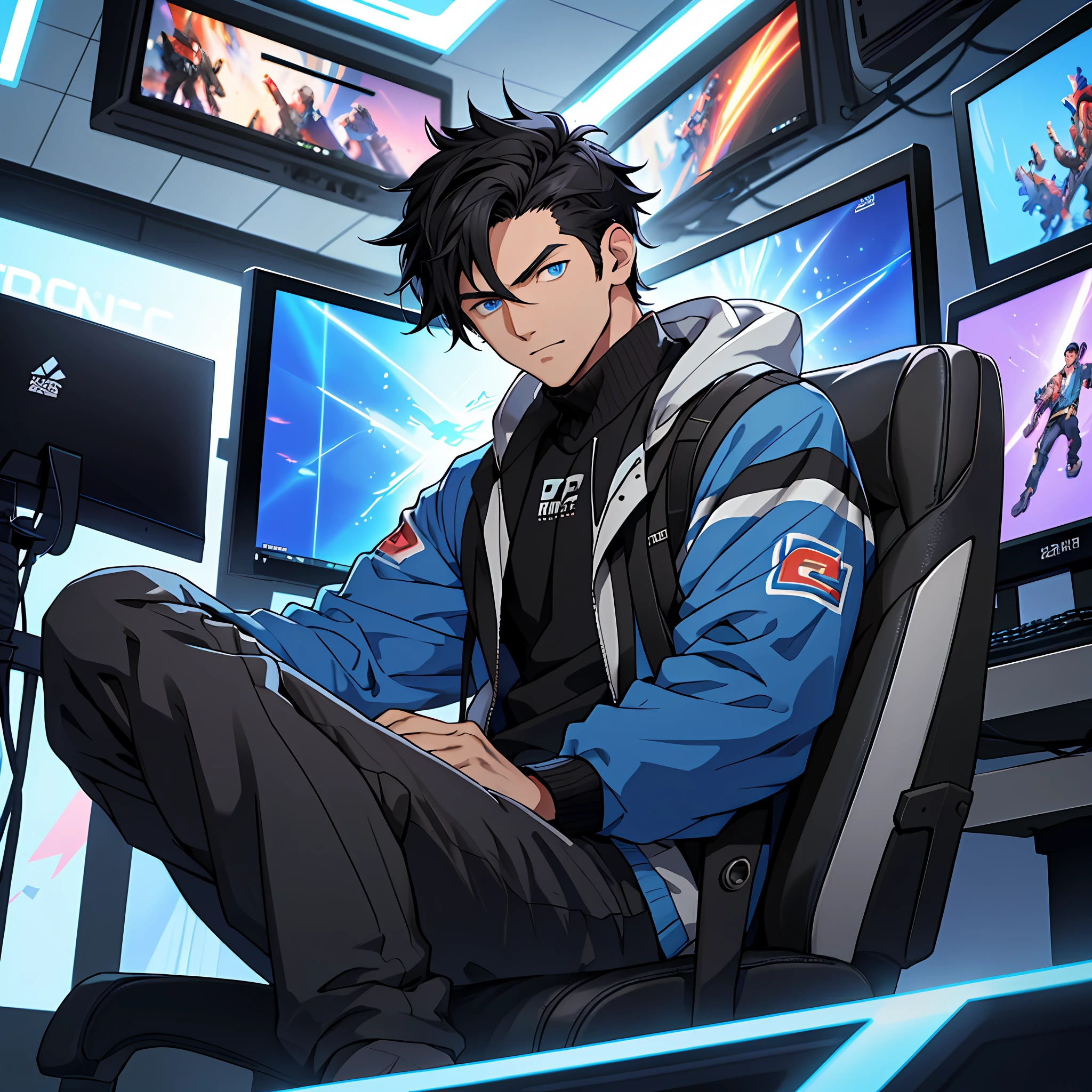 A handsome boy, a man with short black hair, handsome guy,, blue eyes, best quality: 1.0), (super high resolution: 1.0), anime handsome boy, CAG headphones, short black hair, blue eyes, sitting in front of computer playing games, background in esports room