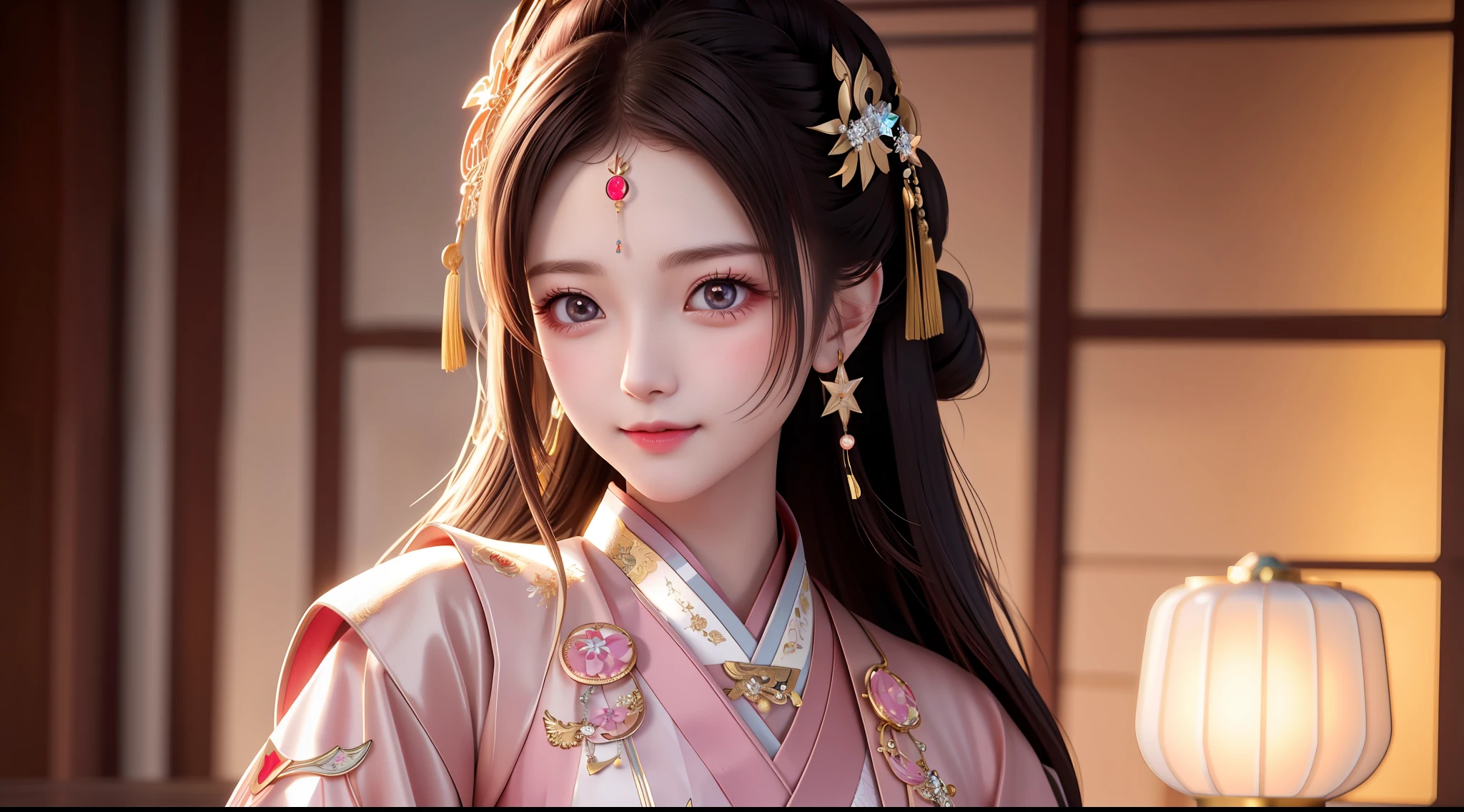 best quality, masterpiece, highres, 1girl,blush,(seductive smile:0.8),star-shaped pupils,china hanfu,hair ornament,necklace, jewelry,Beautiful face,upon_body, tyndall effect,photorealistic, dark studio, rim lighting, two tone lighting,(high detailed skin:1.2), 8k uhd, dslr, soft lighting, high quality, volumetric lighting, candid, Photograph, high resolution, 4k, 8k, Bokeh