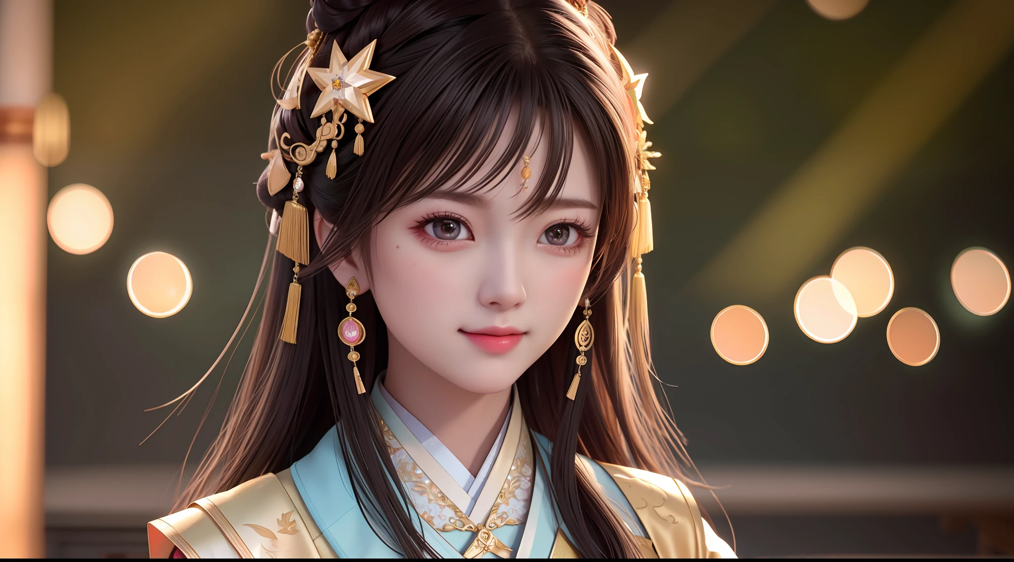 best quality, masterpiece, highres, 1girl,blush,(seductive smile:0.8),star-shaped pupils,china hanfu,hair ornament,necklace, jewelry,Beautiful face,upon_body, tyndall effect,photorealistic, dark studio, rim lighting, two tone lighting,(high detailed skin:1.2), 8k uhd, dslr, soft lighting, high quality, volumetric lighting, candid, Photograph, high resolution, 4k, 8k, Bokeh