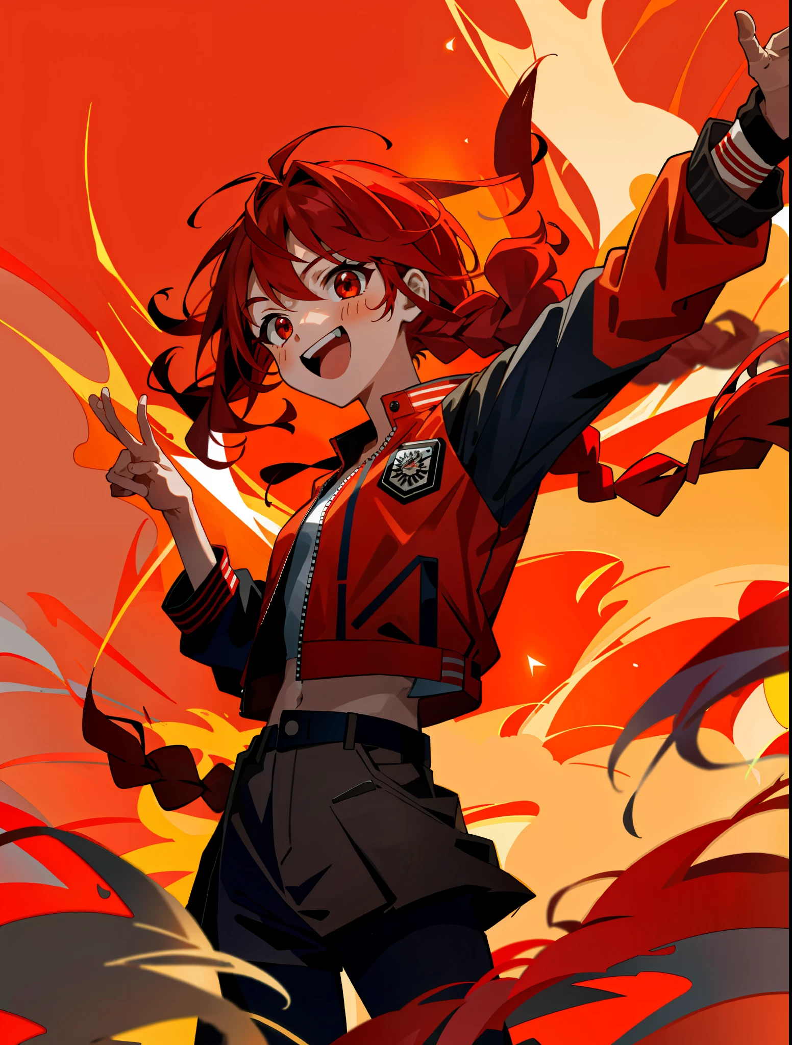 A girl, cheering to the camera, one hand raised, the other on chest, happy, cheerful, delicate face, delicate hair, red double twisted braid, red and black punk jacket, front view, flame, red theme, red eyes, apple