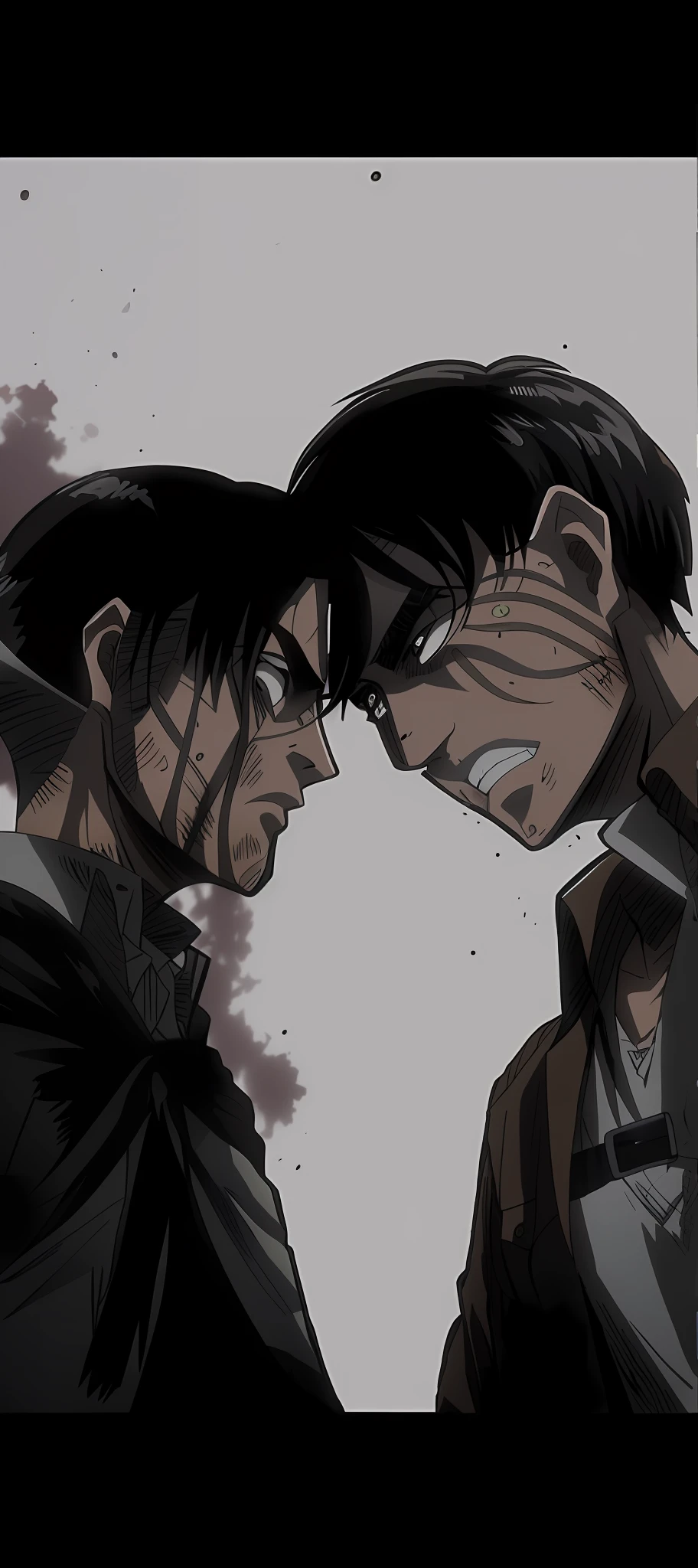 best quality, masterpiece, (realistic: 1.2), 1 man, Eren Jaeger, black jeans, black pants, brown hair, attack on Titan, cold background, black jacket, slim body, high definition, high quality, black clothes