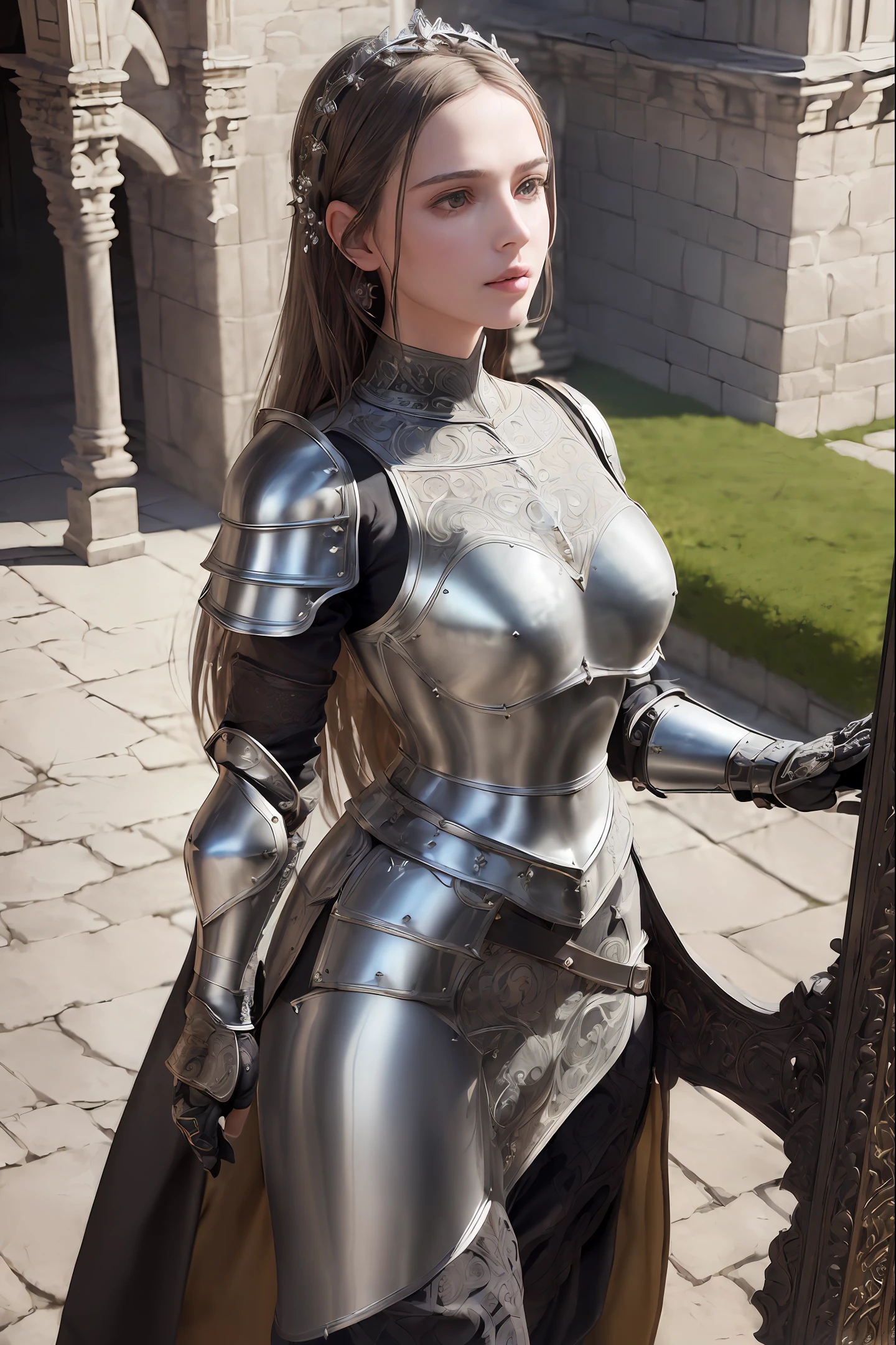 (masterpiece), (extremely intricate:1.3), (realistic), portrait of a girl, the most beautiful in the world, (medieval armor), metal reflections, upper body, outdoors, intense sunlight, far away castle, professional photograph of a stunning woman detailed, sharp focus, dramatic, award winning, cinematic lighting, octane render, unreal engine, volumetrics dtx