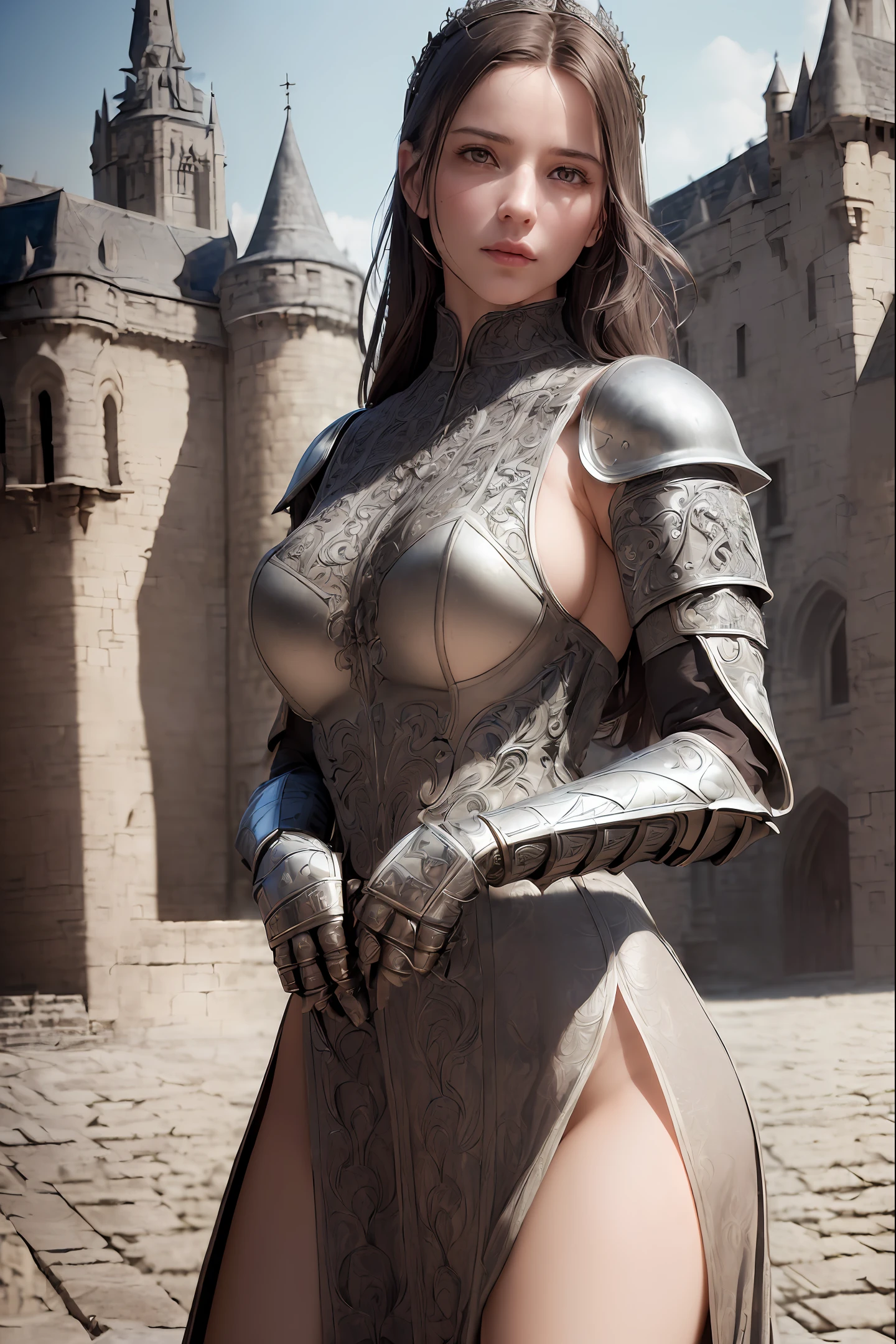 (masterpiece), (extremely intricate:1.3), (realistic), portrait of a girl, the most beautiful in the world, (medieval armor), metal reflections, upper body, outdoors, intense sunlight, far away castle, professional photograph of a stunning woman detailed, sharp focus, dramatic, award winning, cinematic lighting, octane render, unreal engine, volumetrics dtx