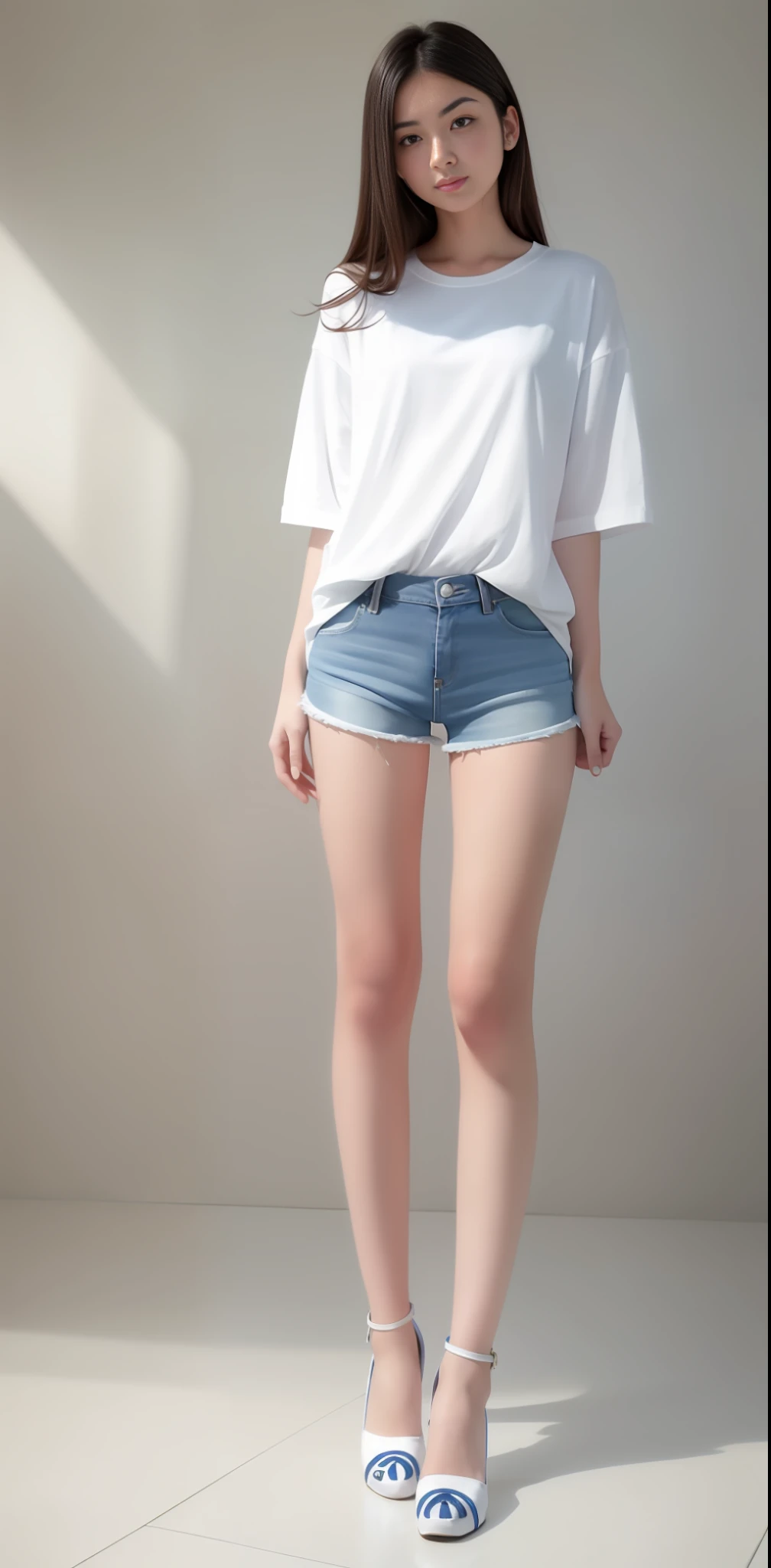 arafed woman in a white shirt and blue shorts posing for a picture, wearing denim short shorts, sexy girl wearing shorts, short jeans, photo of slim girl model, ( ( ( wearing jeans ) ) ), denim short pants, wearing shorts, denim shorts, very beautiful slim legs, wearing shorts and t shirt, slim legs, thin-waist, beautiful slim legs