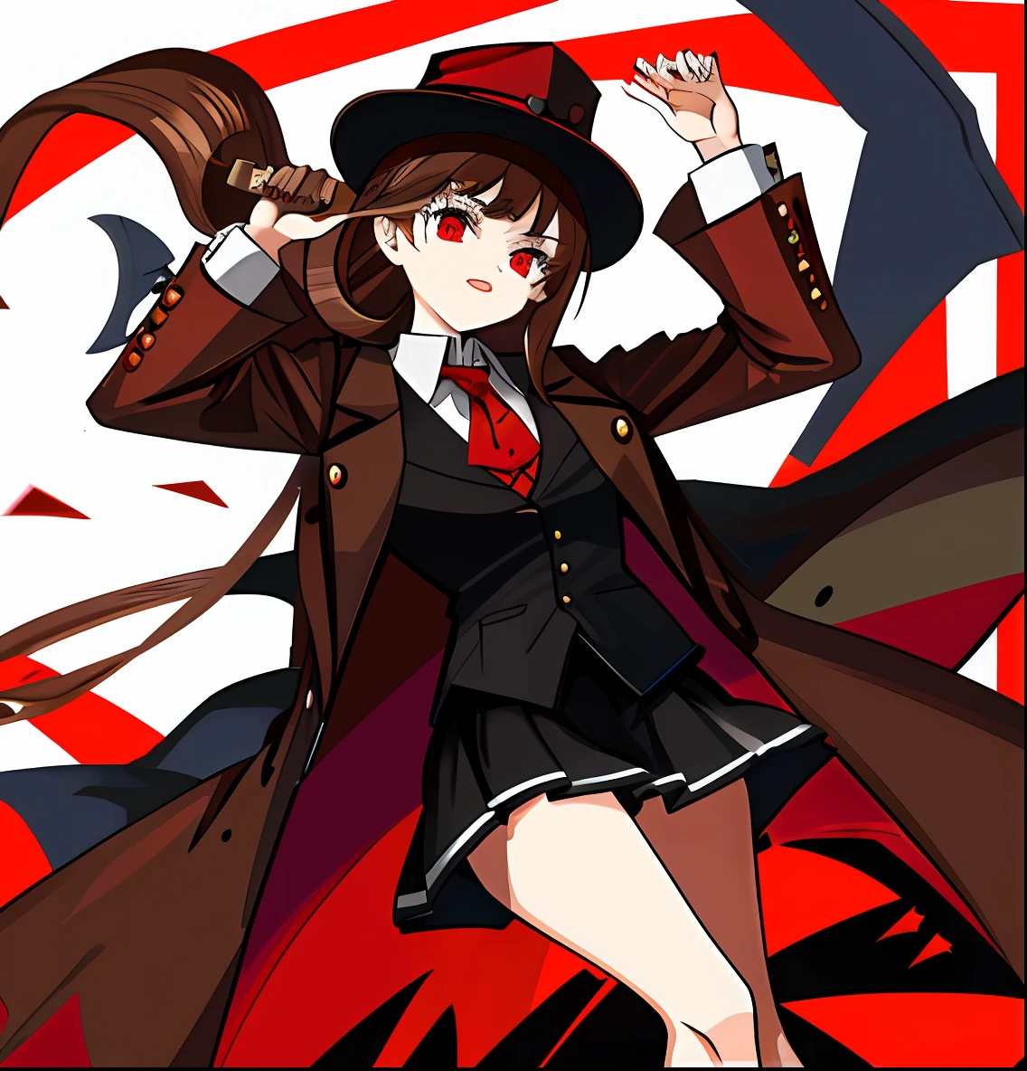 evil fuhrer, bad girl, red eyes, hat, legal robe, miniskirt, side hair, vest, 26 years old, cute, hat, brown hair, malicious, crazy, psychopath, powerful,