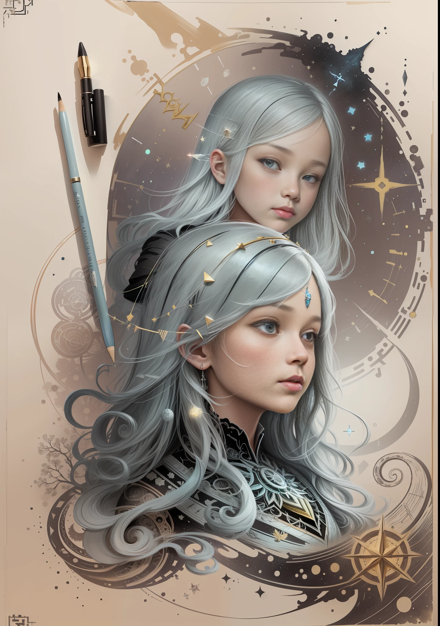 a girl,Album,drawing,2b pencil,brush,rubber, ruler, triangle, protractor, compass, 0.5 neutral pen,draft paperpad,mineral water,(hand painting drawing,Self portrait),color pencil drawing,monochrome rough sketch,detailed and intricate line sketch,legend,myth,Wonderland,fairyland,different world,falling galaxy,traversing time and space,brush,flash oil,oil painting,inks oil,delicate-patterns,fractal geometry,vector tracing,ink painting,legend,myth,alchemy, tentacles,best light,full light,highly detailed wallpaper,One scene to the end