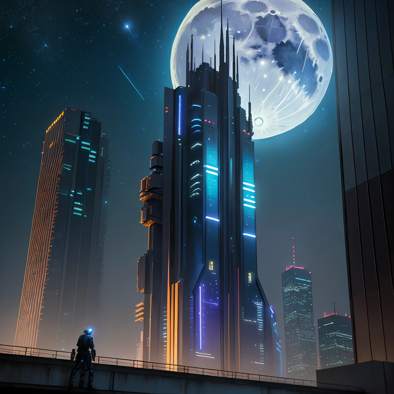 Building, cyberpunk, starry night, full moon, rich masterpiece of details