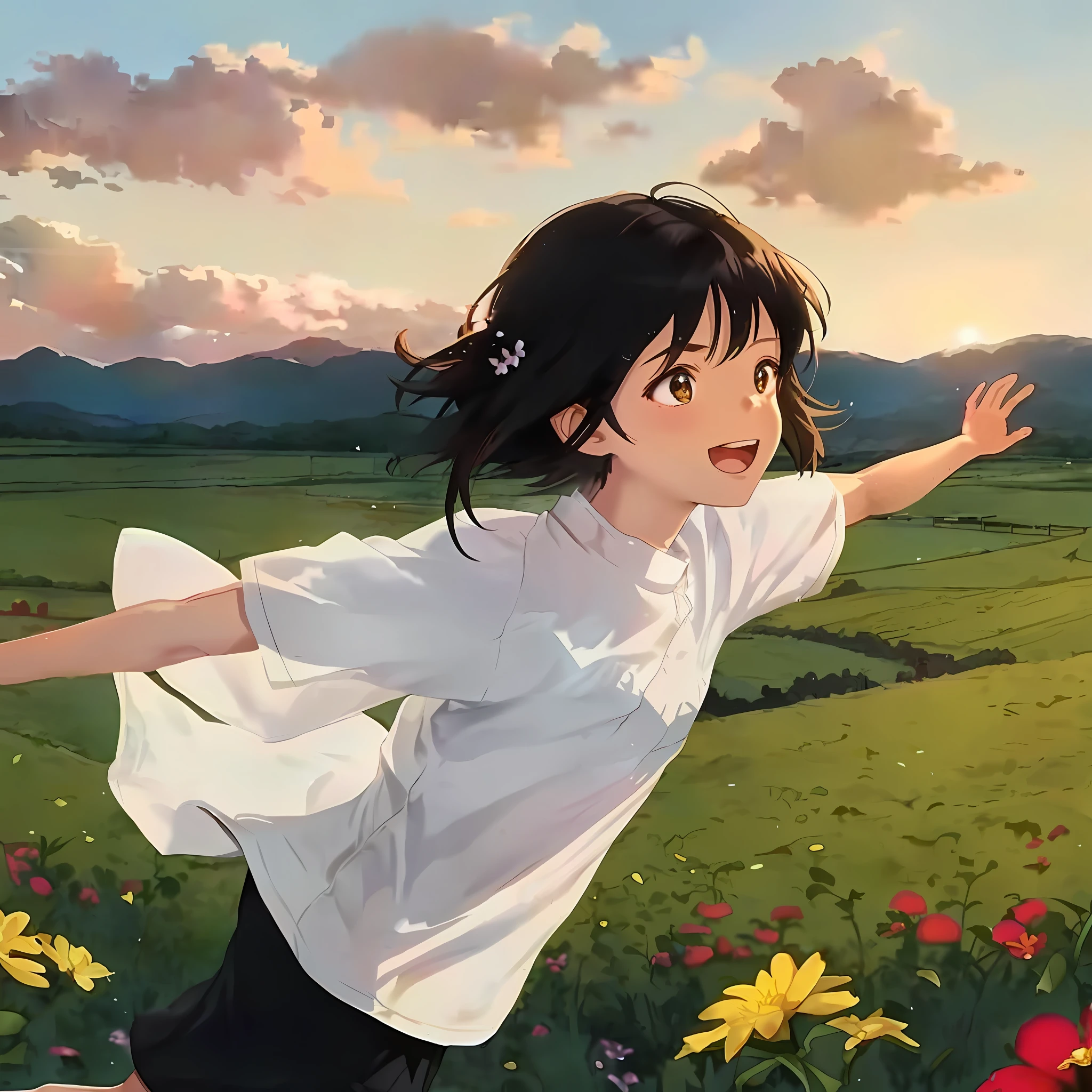 anime girl in a field of flowers with her arms outstretched, the anime girl is running, anime visual of a cute girl, girl dancing in a flower field, girl jumping in a flower field, girl floating in a flower field, lofi girl, beautiful anime scene, ( ( makoto shinkai ) ), young anime girl, ilya kuvshinov landscape
