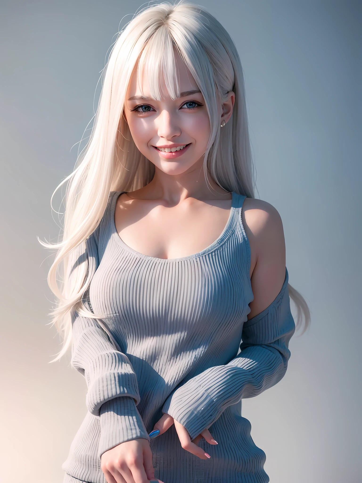 Full body, gray hair, (Dragoon: 1.2), Brantovan, masterpiece, top quality, official art, very elaborate CG Unity 8K wallpaper, for girls, ultra high resolution, (photorealistic: 1.4), golden hour lighting, smile, sweater dress, (upper body), (platinum shorthair: 0.8), (puffy eyes), looking at the viewer, facing forward, smile, medium breasts, Shirt lift, gloves, long hair