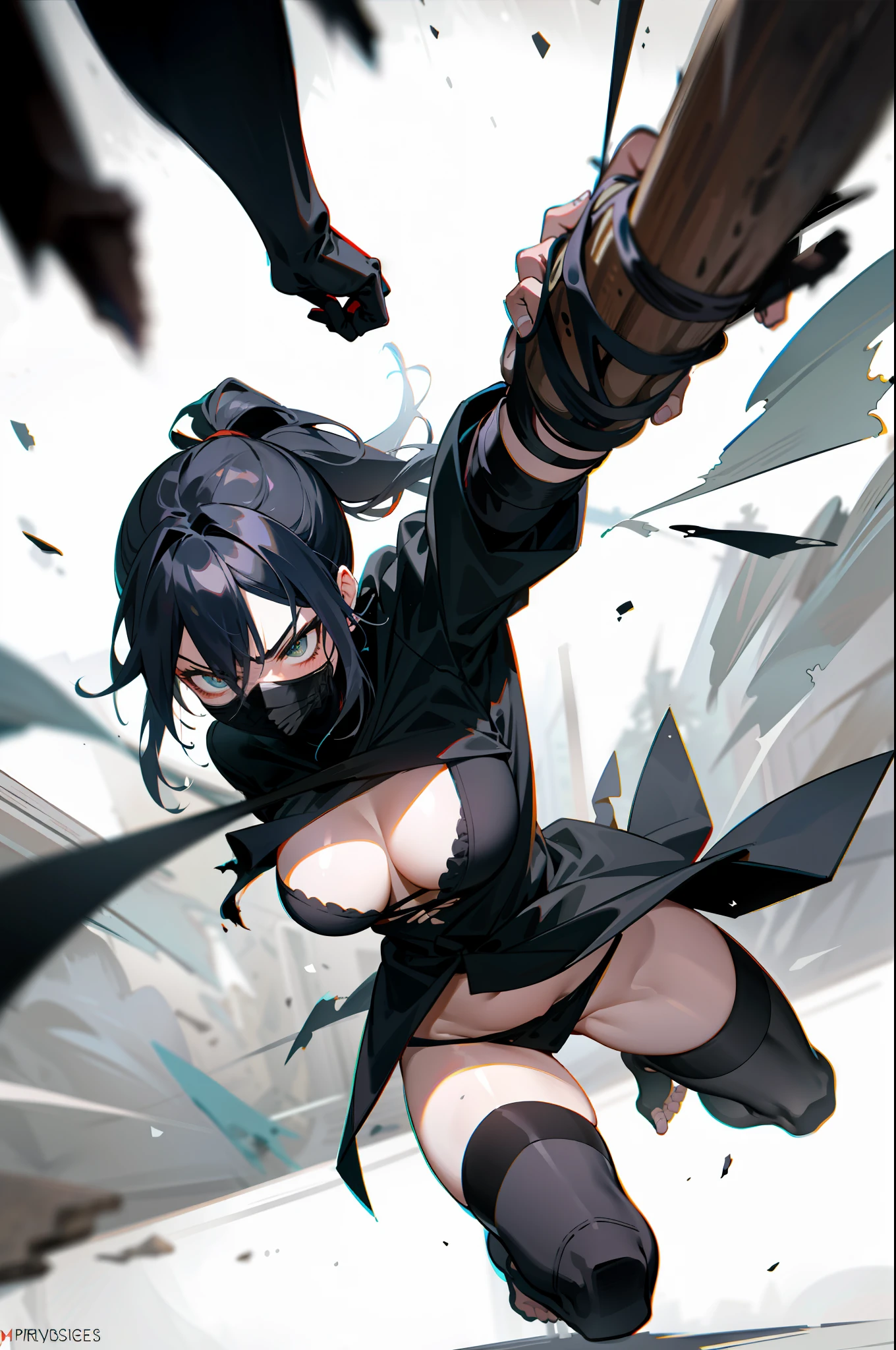 Masterpiece, dynamic, detailed drawn skin, impressive lighting, captives, ninjas, ponytails, black mask, big, torn clothing, no panty, no bra, restrained, angry, noose, holding a wet stick, ((perspective, depth))