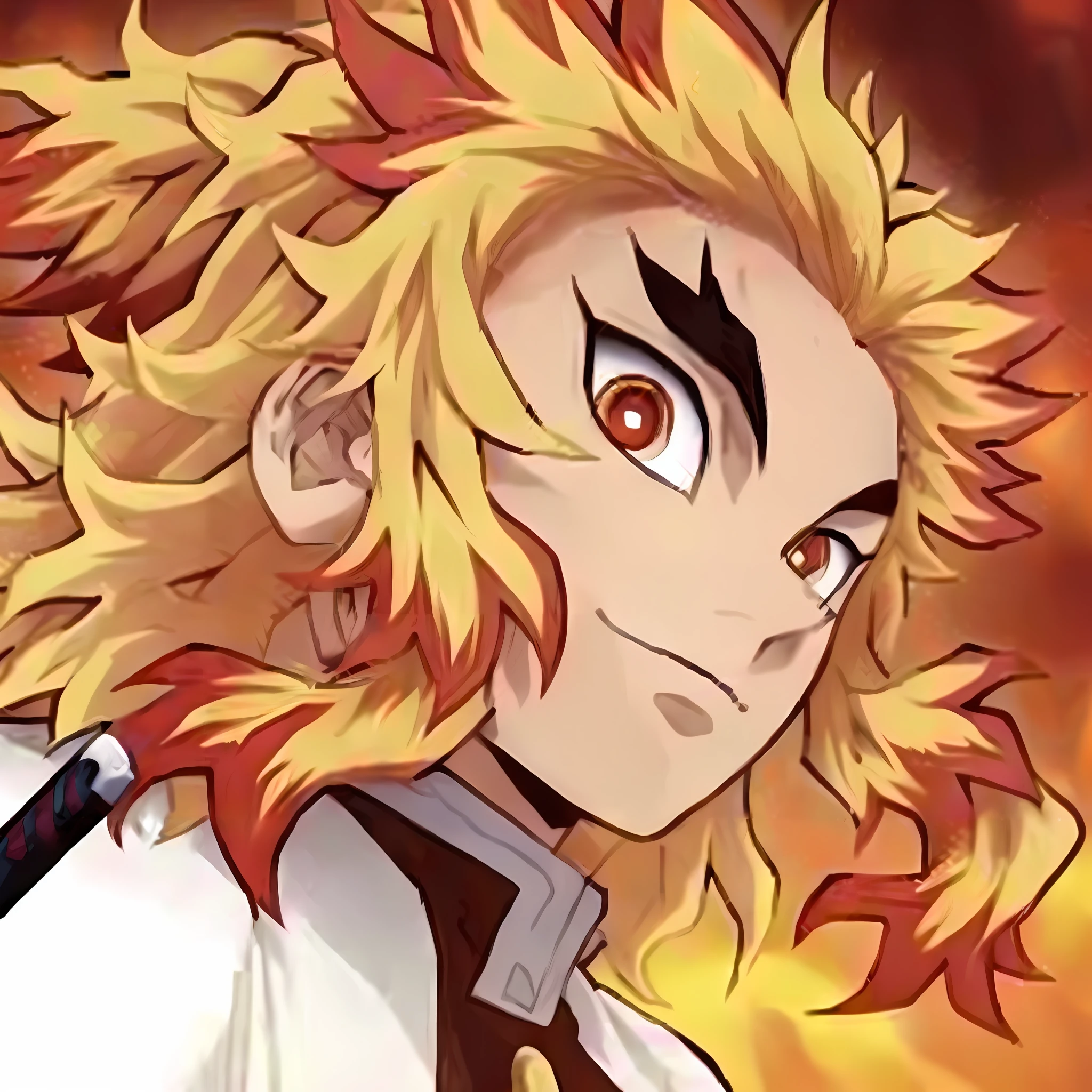 a close up of a person with a sword in front of a fire, handsome guy in demon slayer art, blazing infero, (fire), dio brando, dio, demon slayer artstyle, demon slayer, kimetsu no yaiba, key anime art, demon slayer rui fanart, russell dauterman, pin on anime, official art, avatar image