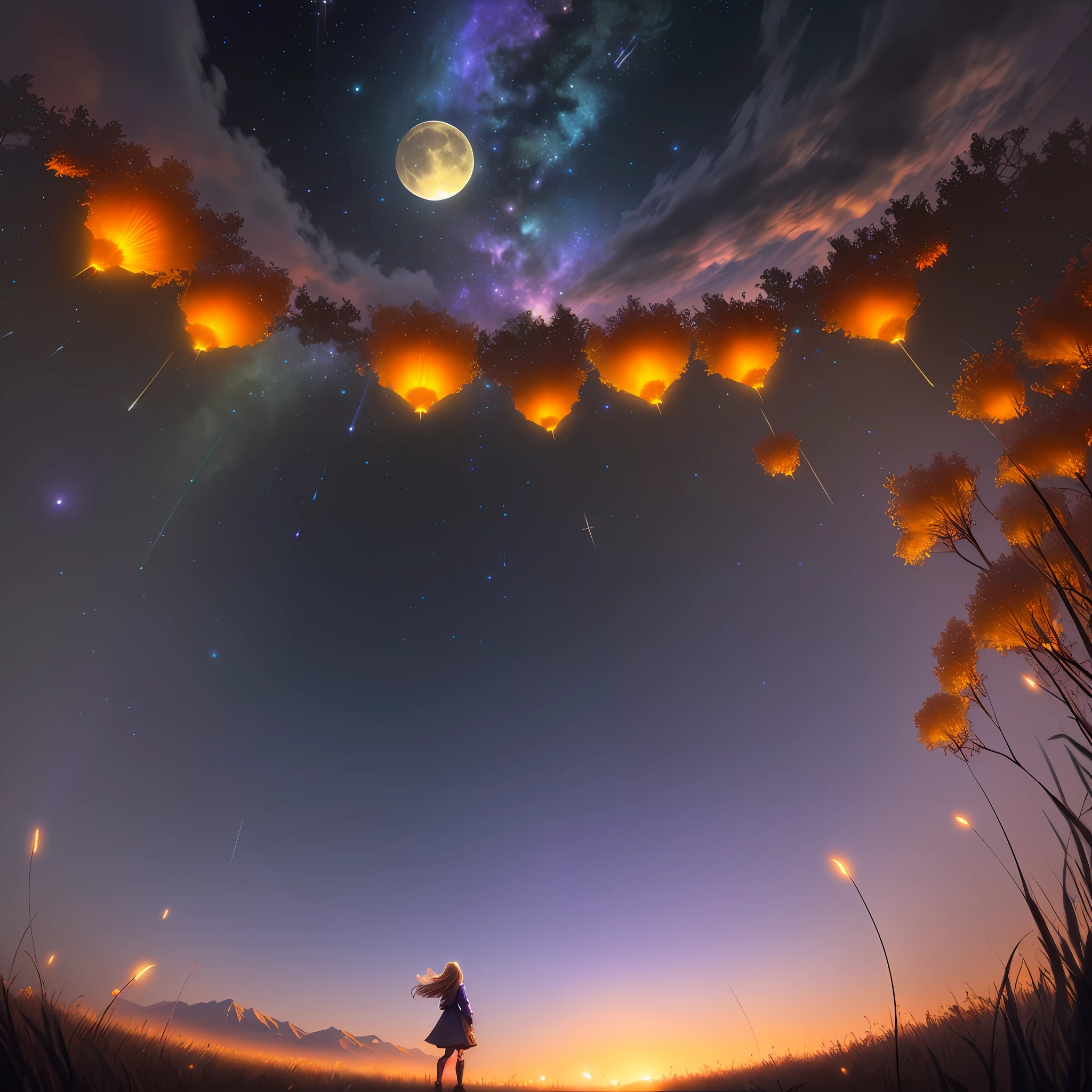 Vast landscape photo, (viewed from below, the sky is above and the open field is below), a girl standing on a flower field looking up, (full moon: 1.2), (meteor: 0.9), (nebula: 1.3), distant mountains , Trees BREAK Crafting Art, (Warm Light: 1.2), (Fireflies: 1.2), Lights, Lots of Purple and Orange, Intricate Details, Volumetric Lighting, Realism BREAK (Masterpiece: 1.2), (Best Quality), 4k, Ultra-Detailed, (Dynamic Composition: 1.4), Very Detailed, Colorful Details, (Rainbow Colors: 1.2), (Glow Lighting, Atmospheric Lighting), Dreamy, Magical, (Solo: 1.2)
