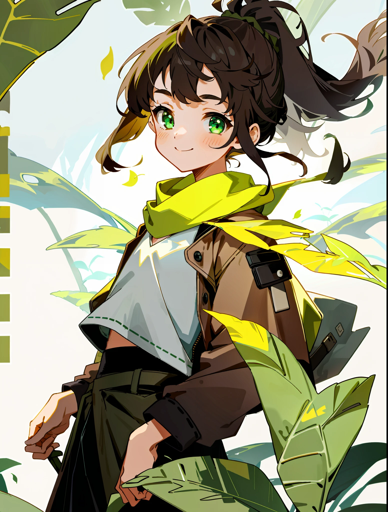 A , smiling at the camera, flat chest, holding glowing leaves, quiet, introverted, delicate face, delicate hair, brown diagonal ponytail, punk jacket, front view, plant, green eyes white thick scarf