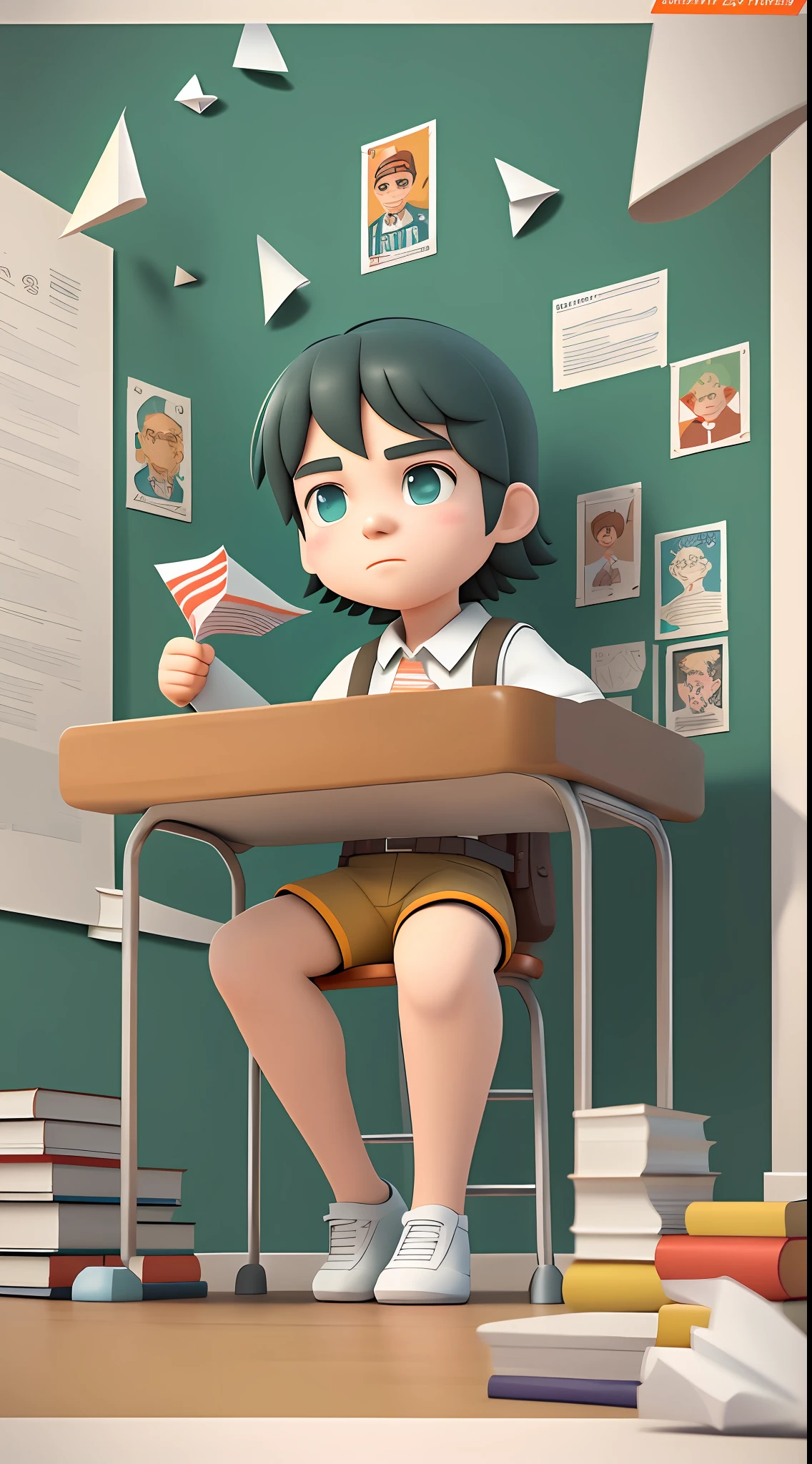 A poster, a male high school student, sitting at a table with a bunch of books, poster illustration, election poster, poster, hand drawn cartoon art style, exciting illustration, poster design, poster, advertising poster, art cover, illustrated poster, book cover illustration, epic propaganda poster, book illustration, painted illustration poster, propaganda poster, poster background, 3D, C4D, blind box, redrawn hands and feet, clear eyes, paper airplane