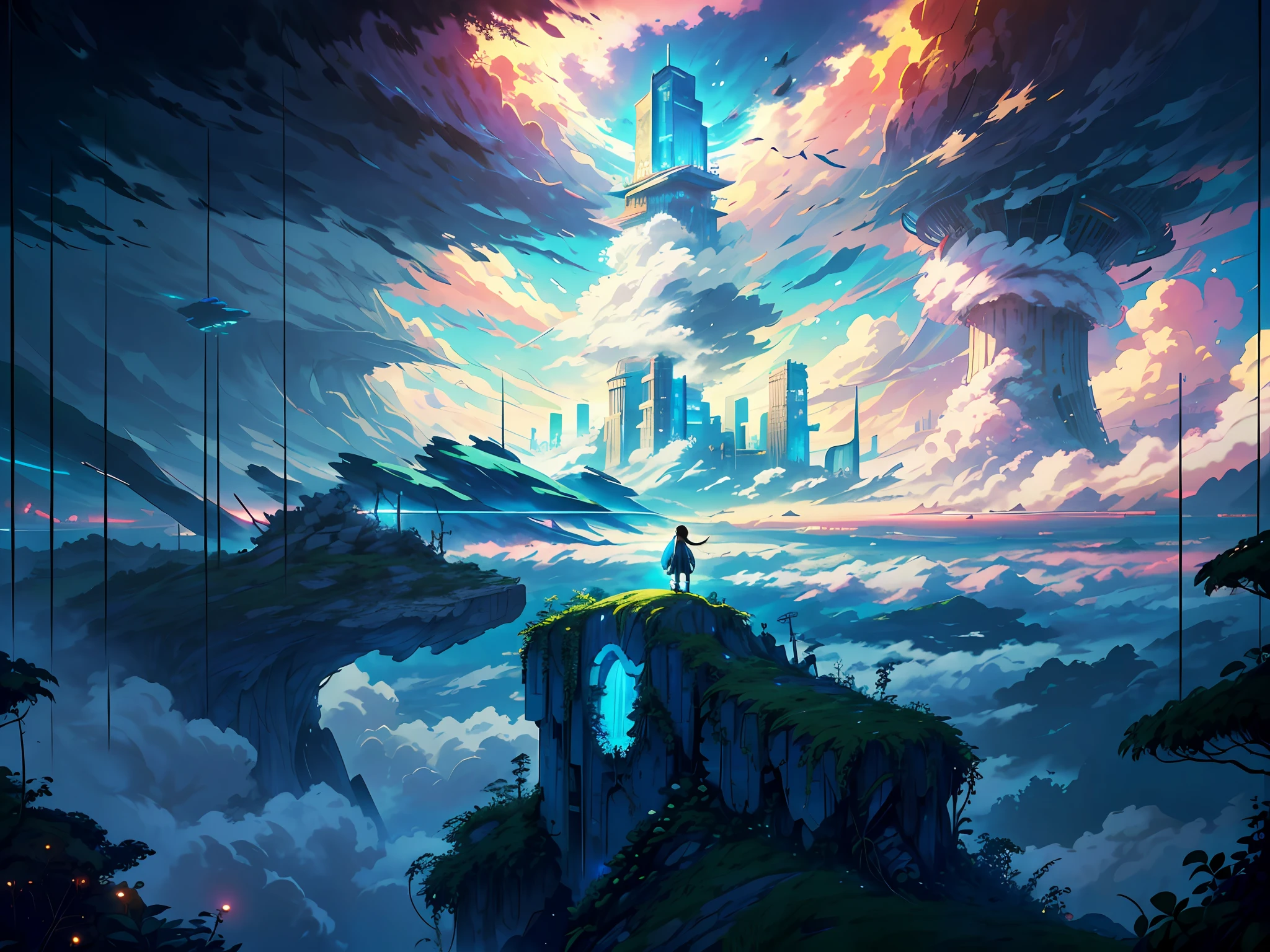 octane render, bioluminescent,8K resolution concept art, realism,by Mappa studios,masterpiece,best quality,official art,illustration,ligne claire,(cool_color),perfect composition,absurdres, fantasy,focused,(in the air),(above the cloud:1.4),(finely detailed modern lost_city:1.3),(lost_city towering above the clouds:1.2),epic,(focus_girl:1.2),(girl in city peak of Broken bridge), sitting on the verge of that bridge looking at the far horizons,rule of thirds,anime_face,fine-tuning face, detailed eyes,cute face,black hair, finely detailed fantasy traveler clothes,calm expression ,overhead_viewer,wind blow at viewer,fantastic plant,book,Giant World Tree,motion,(depth_of_field), extension image, view from above