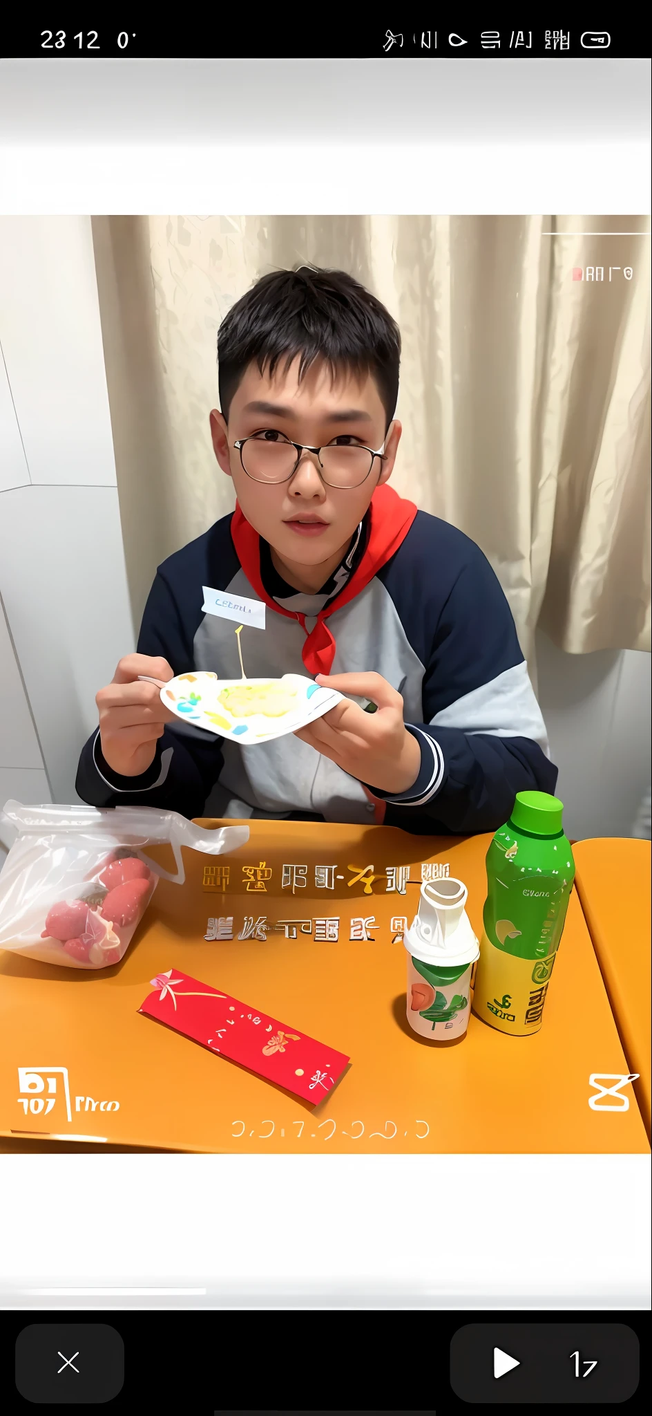 there is a man sitting at a table with a cake and a cup of coffee, student, yanjun chengt, very very low quality picture, 1 7 - year - old boy thin face, cai xukun, 中 元 节, college, xintong chen, profile picture 1024px