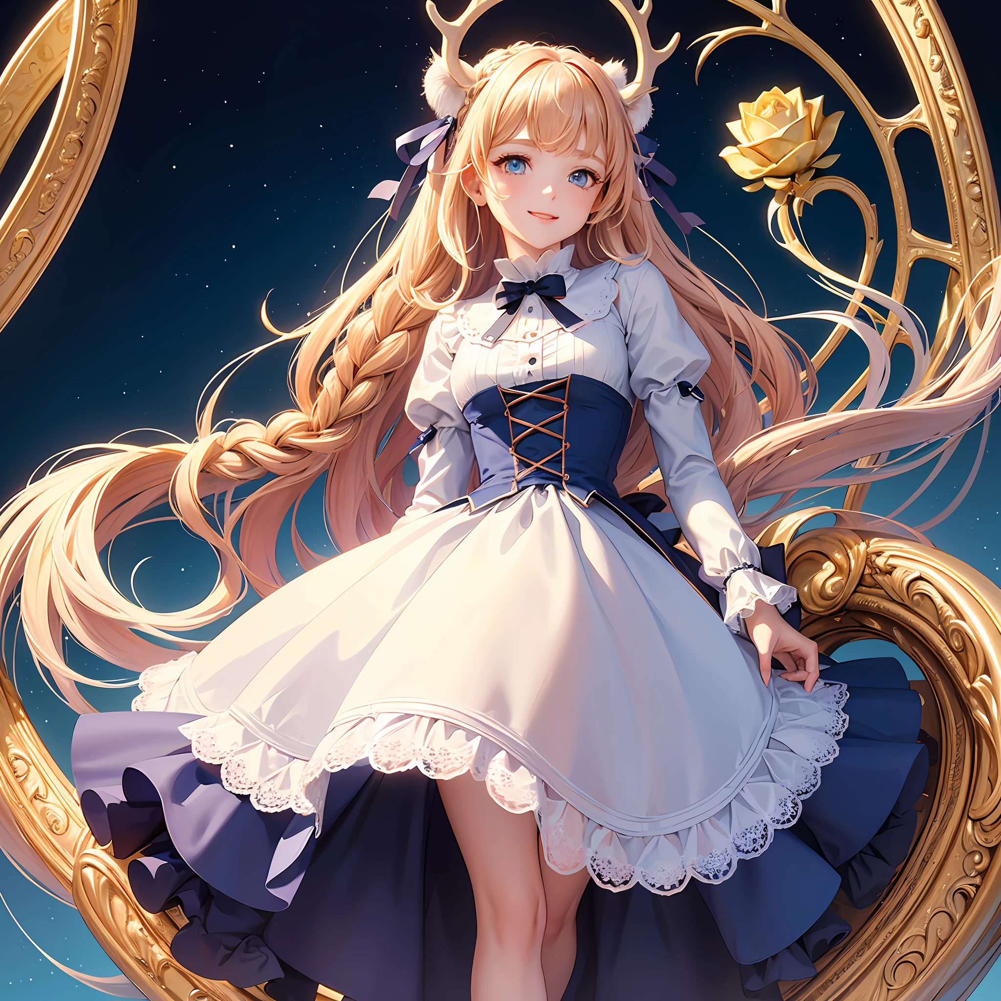 ((masterpiece)), 64k, highest quality,  ((simple)), ((plain background)), (1girl), smile, angelic cute deer girl, rose gold coloured hair, braided hair, twin ponytails, shimmery blue eyes, (sweet dark blue ta dress), lace dress, puffy sleeves, full body, white background