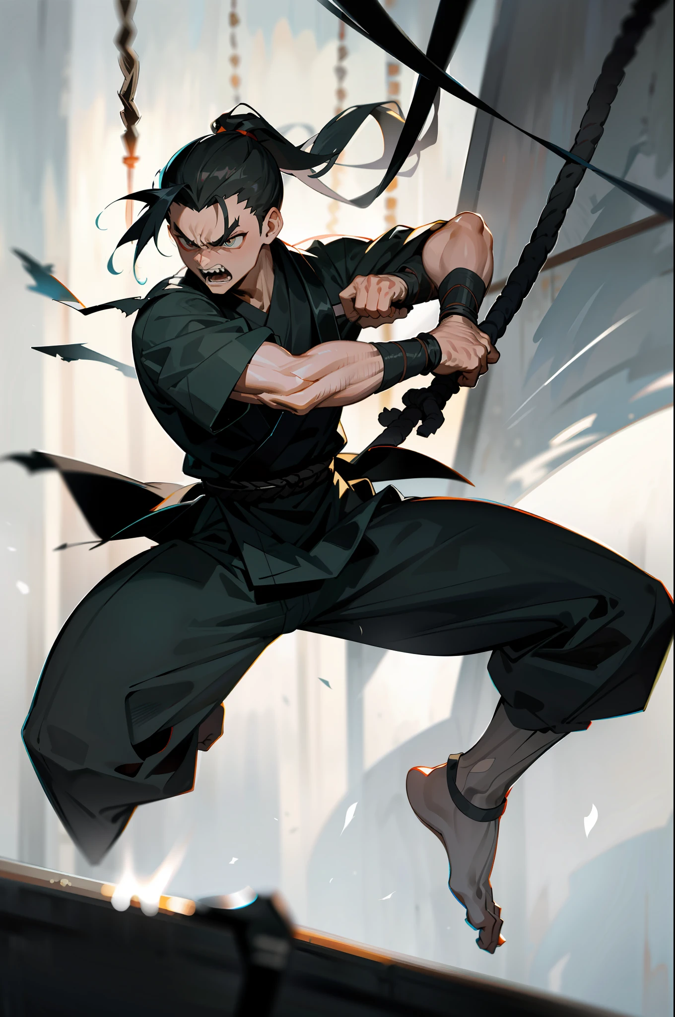 Masterpiece, dynamic, detailed drawn skin, impressive lighting, prisoner of war, boy ninja, 12 years old, beautiful shape, ponytail, half-naked, torn clothing, restrained, angry, noose, holding strange weapons