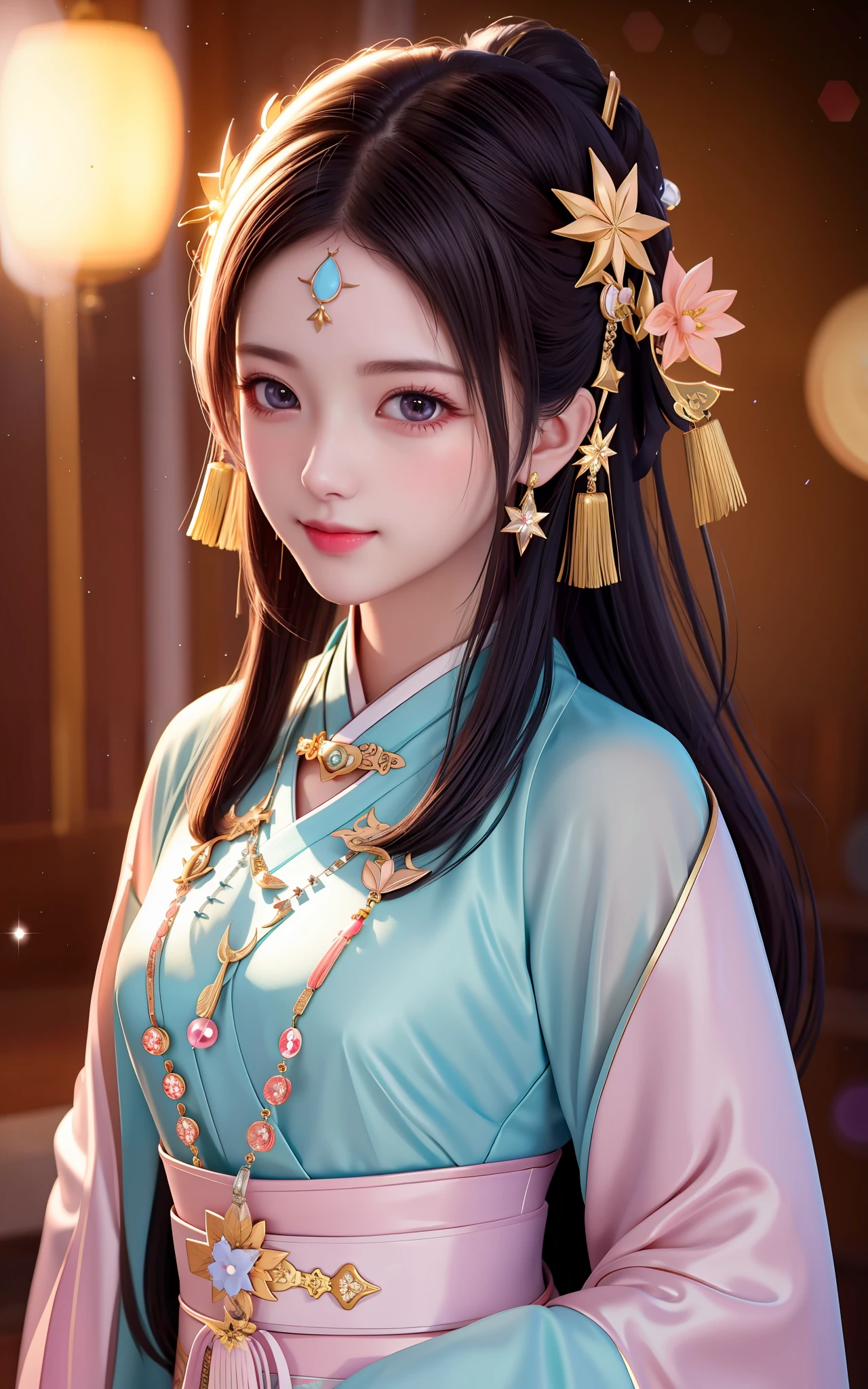 best quality, masterpiece, highres, 1girl,blush,(seductive smile:0.8),star-shaped pupils,china hanfu,hair ornament,necklace, jewelry,Beautiful face,upon_body, tyndall effect,photorealistic, dark studio, rim lighting, two tone lighting,(high detailed skin:1.2), 8k uhd, dslr, soft lighting, high quality, volumetric lighting, candid, Photograph, high resolution, 4k, 8k, Bokeh