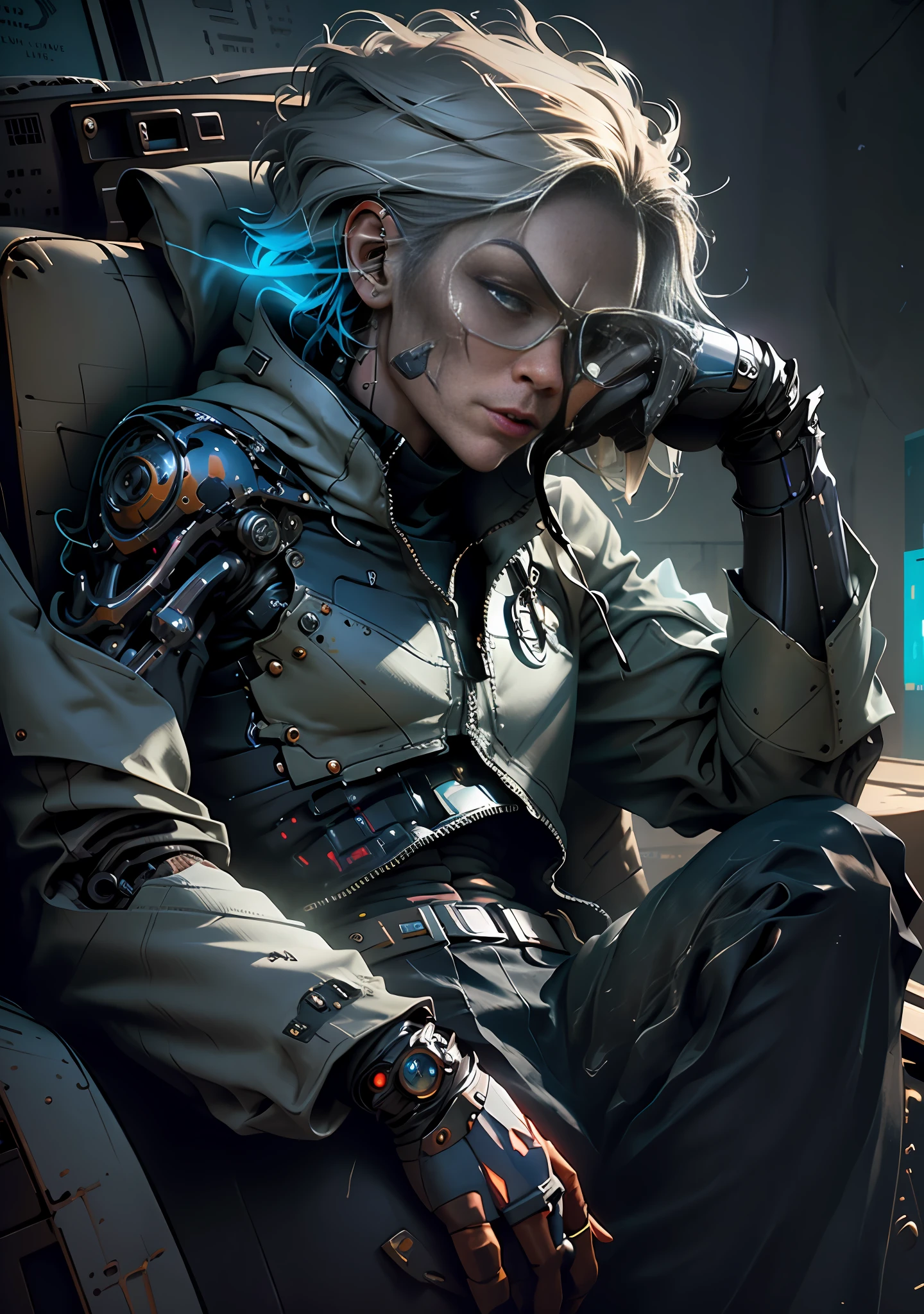 robot android, in the form of a human, sitting in an armchair, interior, concept art, 8k, detailed limbs, cinematic lighting, hyperrealism, portrait, digital art, full frame, 5D, sci-fi, facial and eye textures detailed, soft and 3D quality textures, cinematic 4D rendering, cinematic lighting, rich 3D visualization