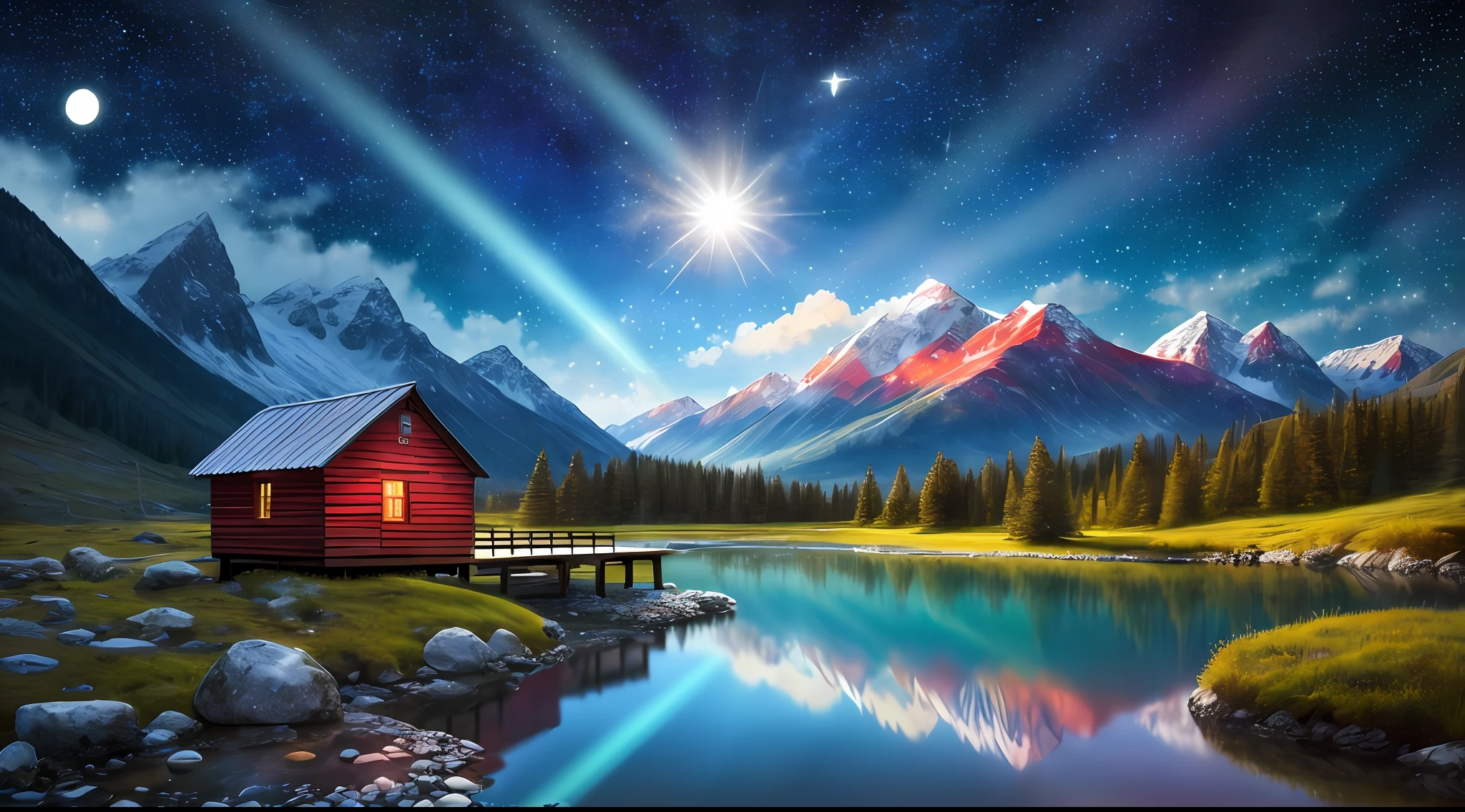 Masterpiece, 8k wallpapers, extremely detailed, best quality, high quality, landscapes. (((Colored sky))), clouds, (((full moon, nebula and background stars))), (high mountains), panorama, , Detail enhancement, Detail enhancement, Flawless. Award-winning photography, Depth of field, HDR, Photorealism, Highly detailed, Intricate, High detail, Dramatic, ((color image)), ((single image)), night, realistic, (((vivid colors)), ((light rays, rays)), mini river, image reflecting in water, (a small hut), red, stones,