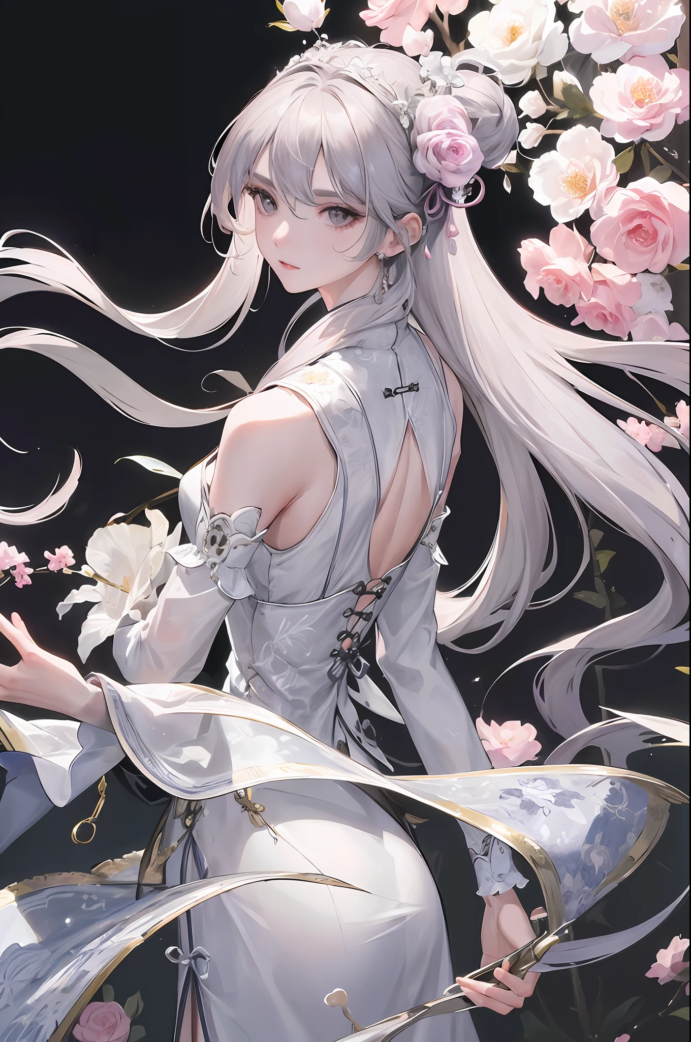 Masterpiece, Excellent, Night, Full Moon, 1 Woman, Mature Woman, Chinese Style, Antique China, Sister, Royal Sister, Cold Face, Expressionless, Silver-White Long-Haired Woman, Light Pink Lips, Calm, Intellectual, Three Bands, Gray Eyes, Assassin, Short Knife, Flower Ball Background, Walking in the Street View, Facial Details