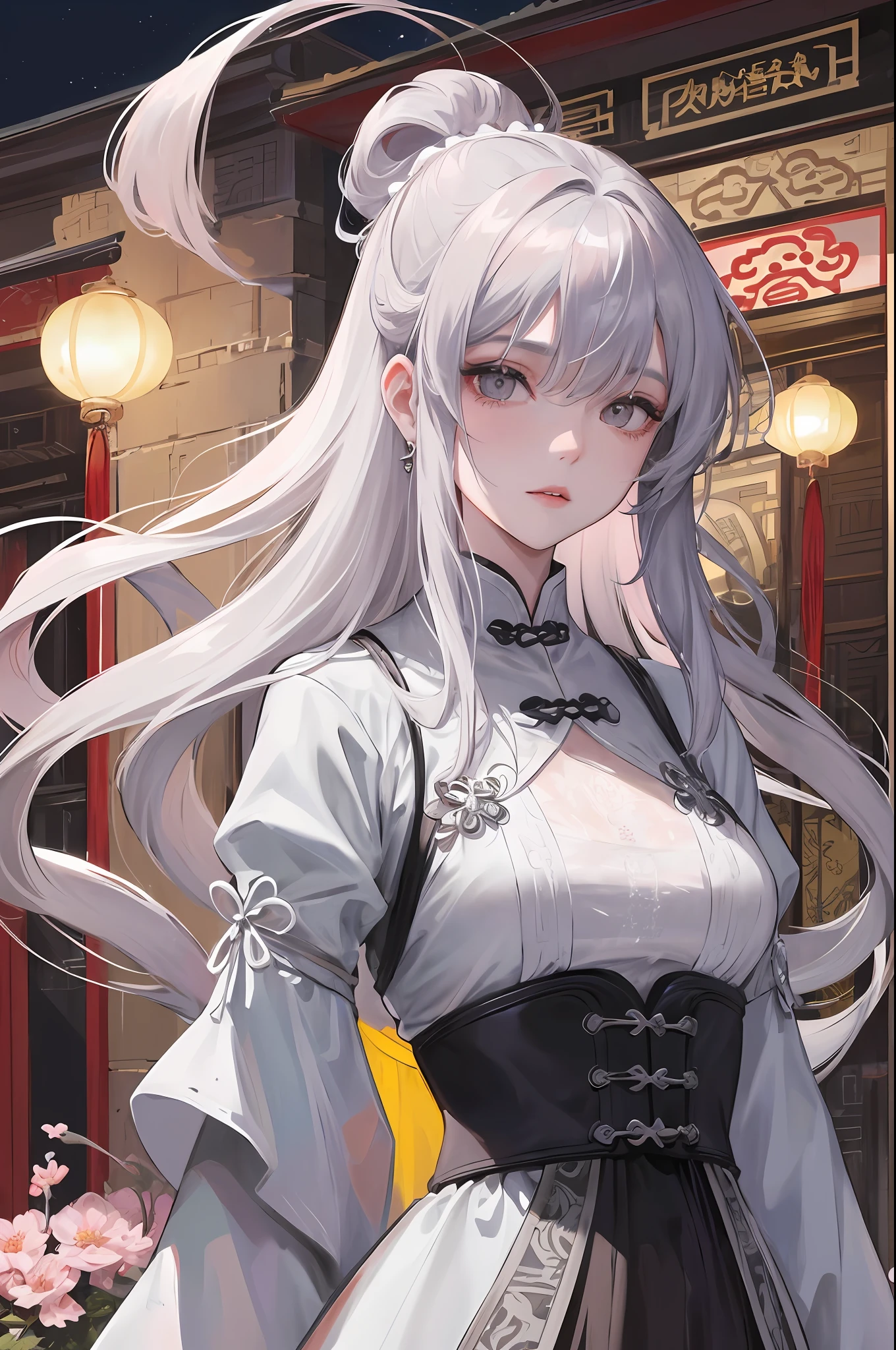 Masterpiece, Excellent, Night, Full Moon, 1 Woman, Mature Woman, Chinese Style, Antique China, Sister, Royal Sister, Cold Face, Expressionless, Silver-White Long-Haired Woman, Light Pink Lips, Calm, Intellectual, Three Bands, Gray Eyes, Assassin, Short Knife, Flower Ball Background, Walking in the Street View, Facial Details