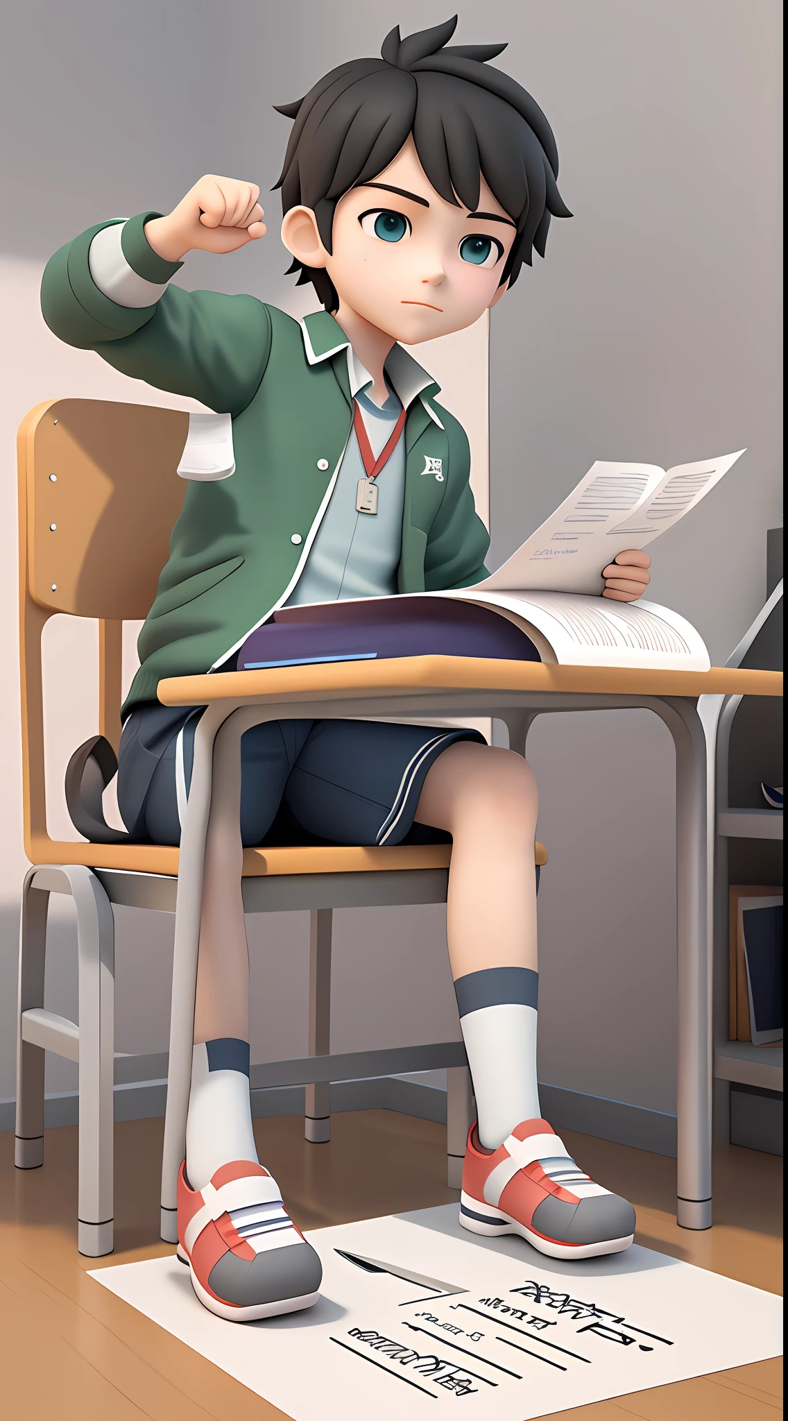 A poster, a male high school student, sitting at a table with a bunch of books inside, college entrance examination poster illustration, election poster, poster, hand drawn cartoon art style, exciting illustration, poster design, poster, advertising poster, art cover, illustrated poster, book cover illustration, epic propaganda poster, book illustration, color illustration poster, propaganda poster, poster background, 3D, C4D, blind box, redraw hands and feet, clear eyes, paper airplane, college entrance examination cheers