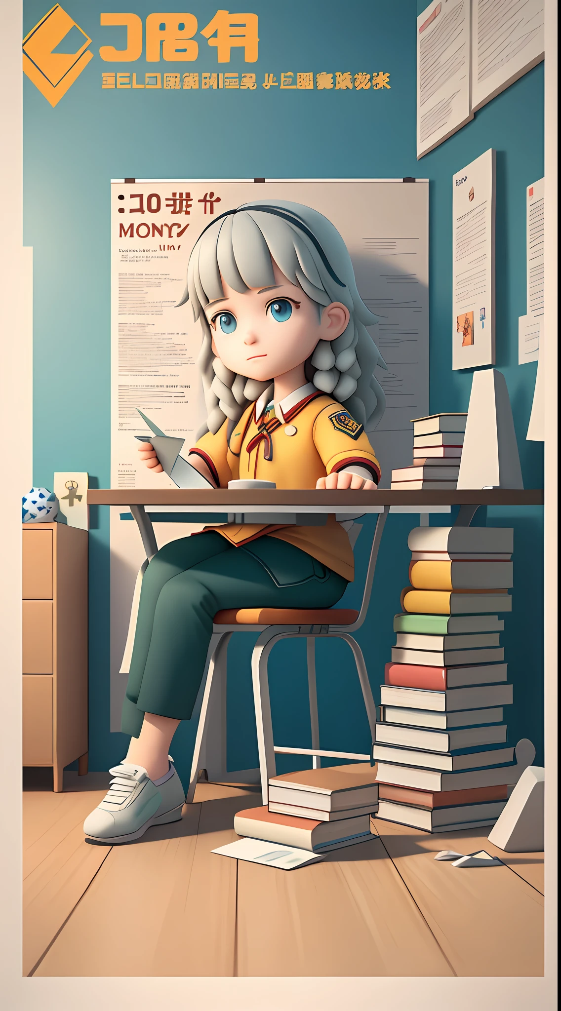 A poster, a male high school student, sitting at a table with a bunch of books inside, college entrance examination poster illustration, election poster, poster, hand drawn cartoon art style, exciting illustration, poster design, poster, advertising poster, art cover, illustrated poster, book cover illustration, epic propaganda poster, book illustration, color illustration poster, propaganda poster, poster background, 3D, C4D, blind box, redraw hands and feet, clear eyes, paper airplane, college entrance examination cheers