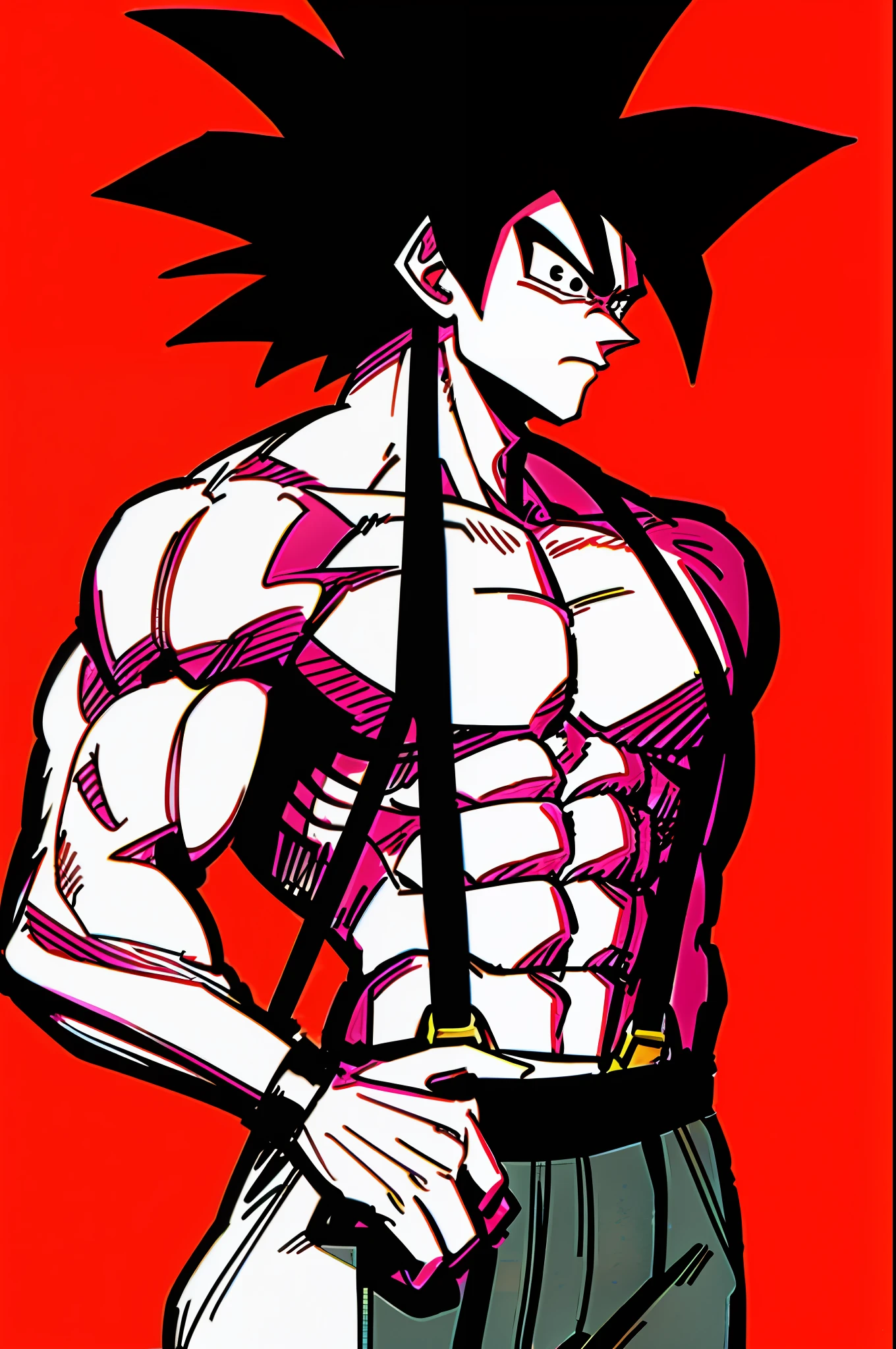 Monkey King, Shut Up, Male Focus, Muscular, Muscular Male, Rock, Belt, Serious, Solo, Spiked Hair, Nude Male, Suspenders, Shoulder Anti-Broom Ultra Instinct, Black Eyes, Black Hair, Commercial Illustration