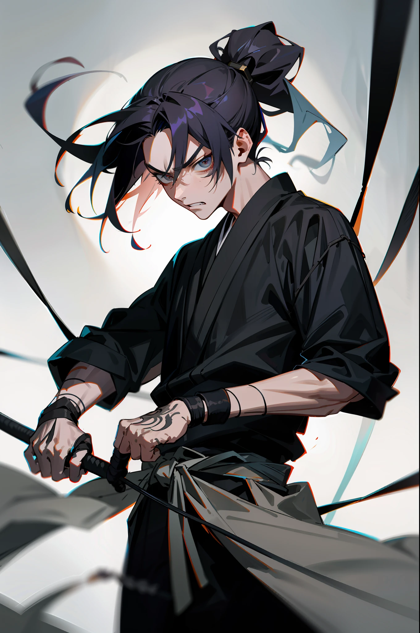 masterpiece, dynamic, detailed drawn skin, impressive lighting, prisoner of war, boy ninja, 150cm, 12 years old, beauty, ponytail, half-naked, torn clothed, restrained, angry, noose, holding strange weapons