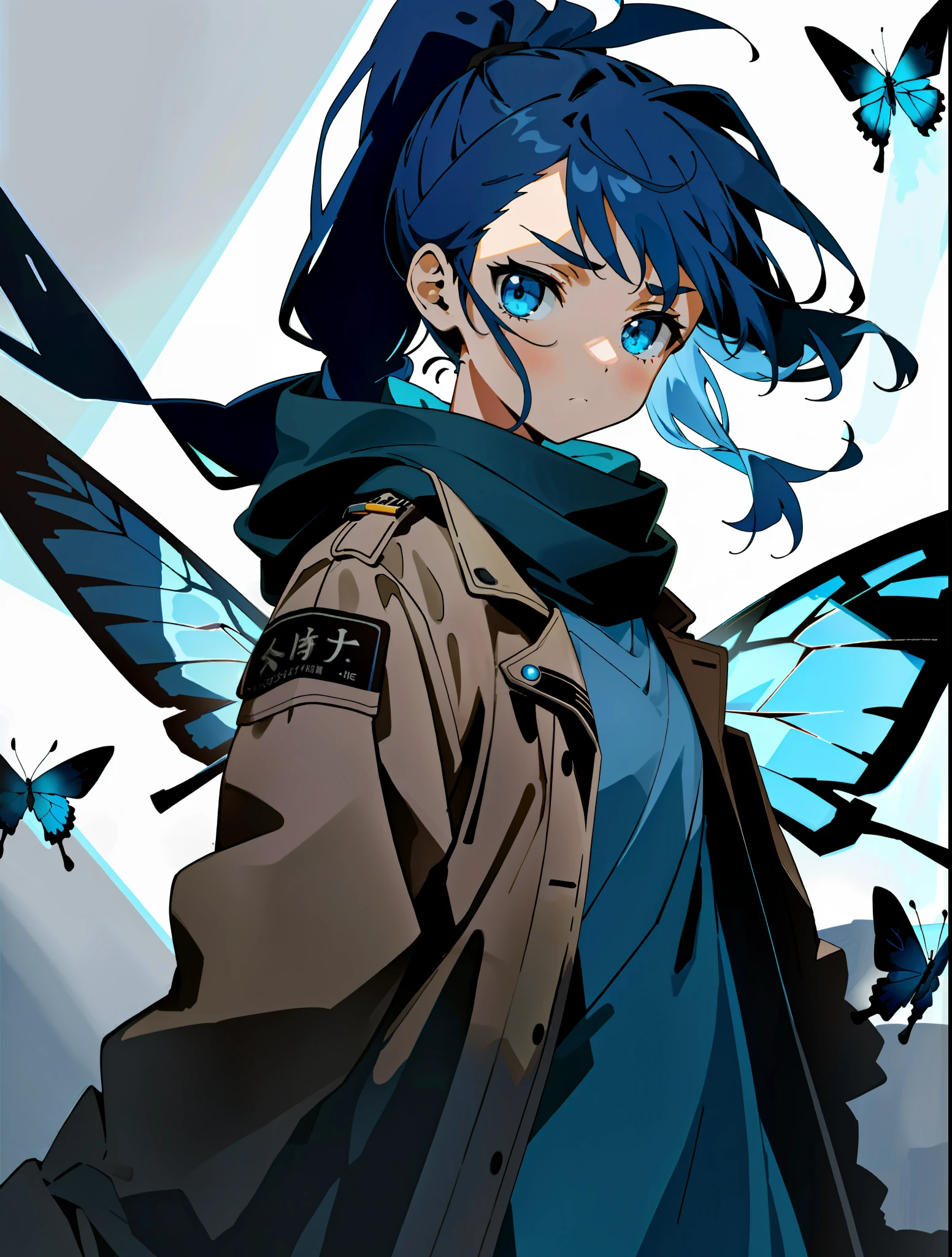A little girl, facing the camera, expressionless, cool, flat-chested, a blue butterfly, quiet, introverted, meticulous face, delicate hair, brown diagonal ponytail, punk jacket, front view, night, blue eyes, thick scarf, dramatic light, dramatic shadow, ray tracing