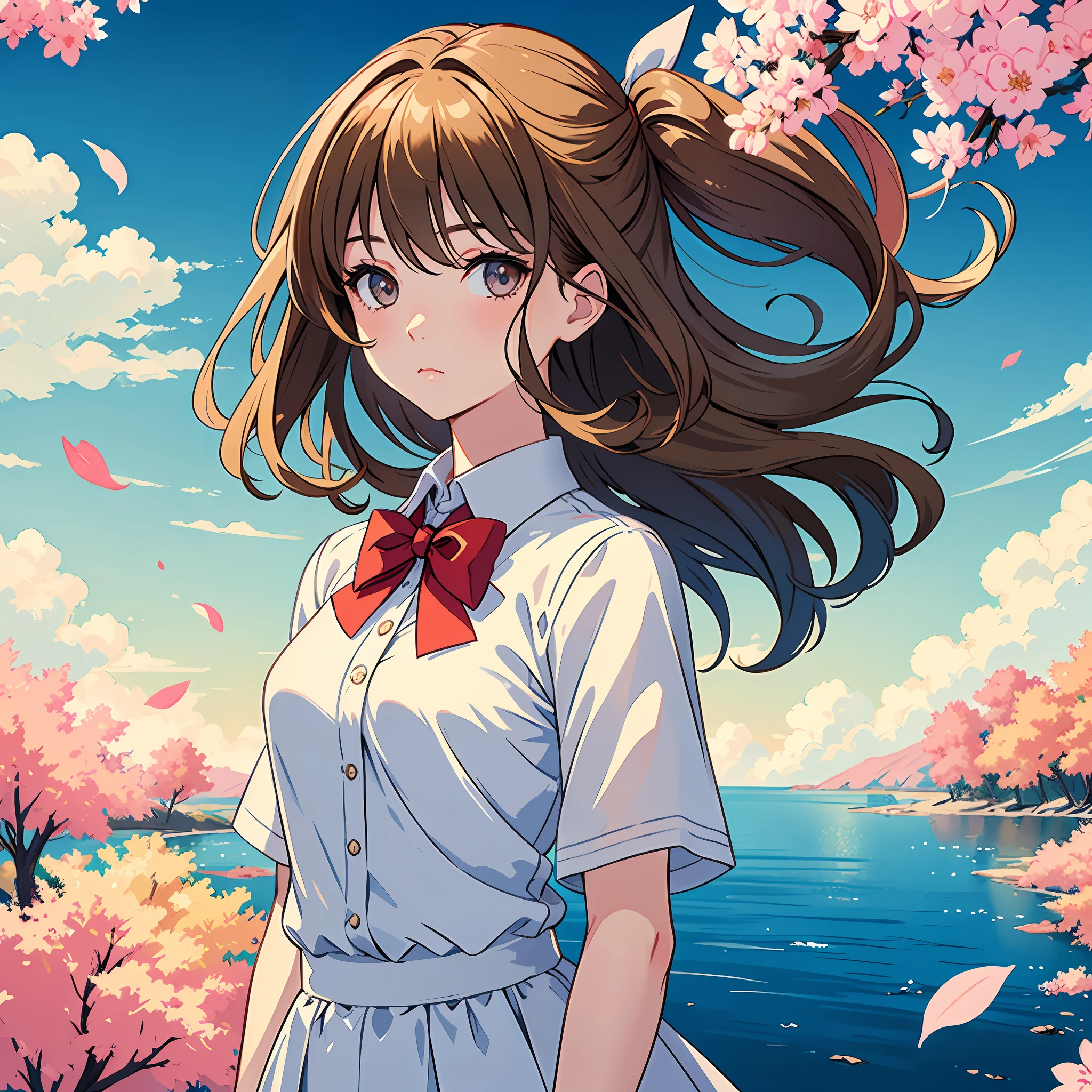 (extremely delicate and beautiful: 1.2), 1girl, fashi-girl, bangs, pretty eyes, bow, brown hair, closed mouth, sideways, hair between eyes, hair bow, short sleeves, looking at the viewer, medium hair, solo, upper body, school uniform: 1.3, ((solo)), (masterpiece), blonde