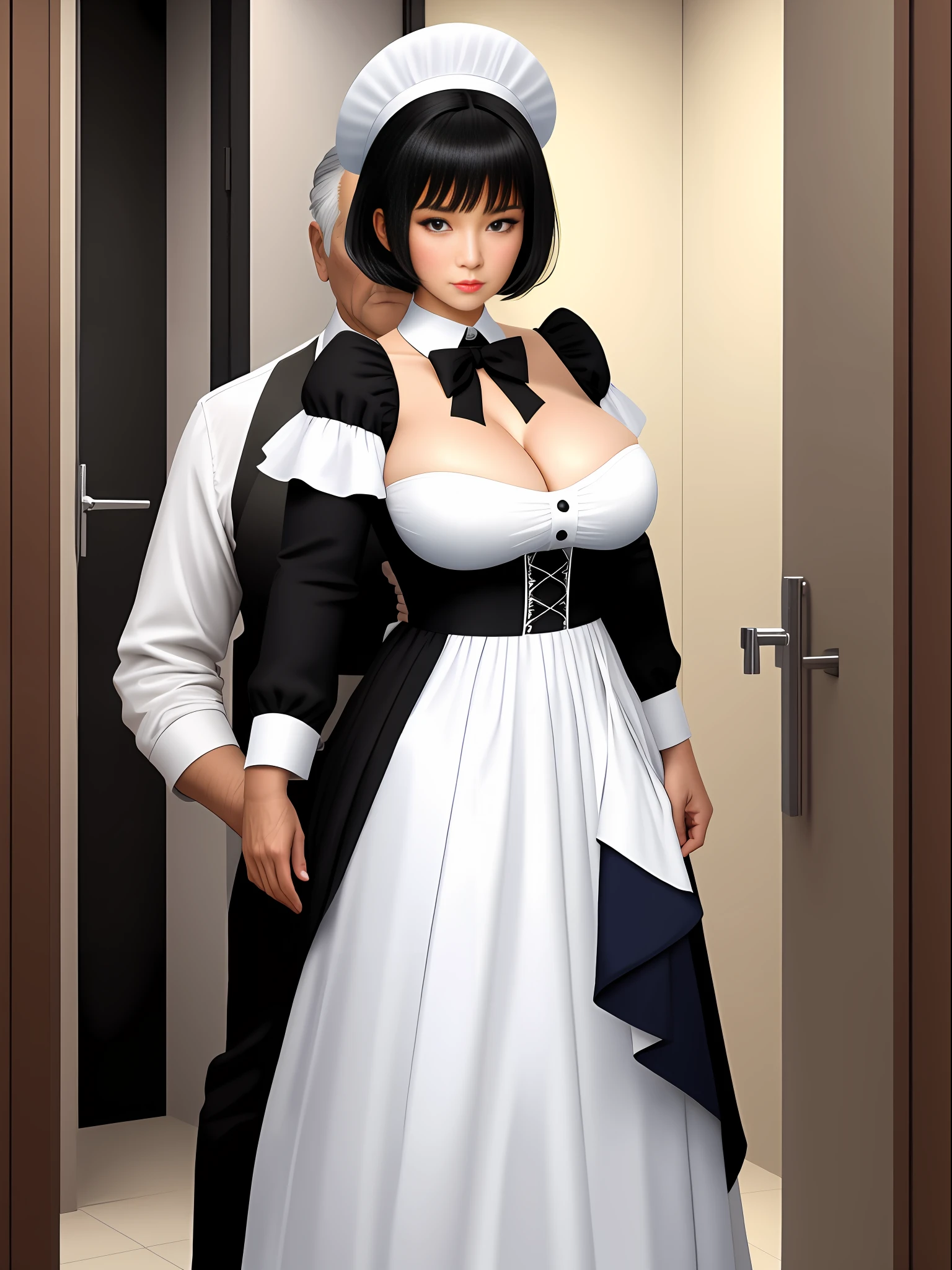 Full body photo, 1 woman in black clothes with white props from an extremely exhibitionist maid and 1 old man of 90 years old with a suit and tie, holding her from behind, immensely large breasts, clothes very tight on the body, looking at the viewer, maid hat, she has short black hair, blue eyes, they are in a bathroom in front of the shower, anime, 16k, best quality, highres, award winning, high details, UHD, masterpiece, anatomically correct, ccurate
