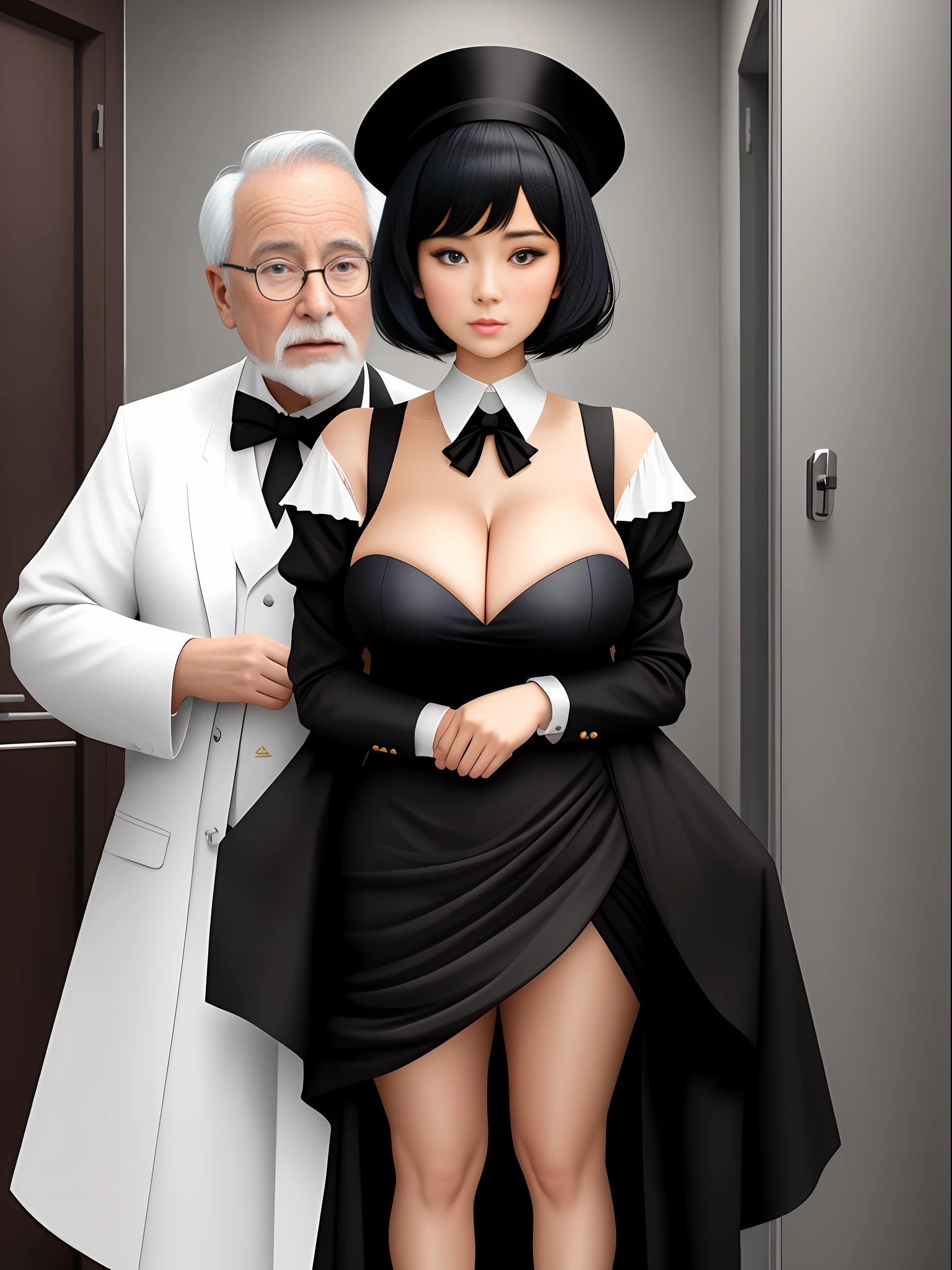 Full body photo, 1 woman in black clothes with white props from an extremely exhibitionist maid and 1 old man of 90 years old with a suit and tie, holding her from behind, immensely large breasts, clothes very tight on the body, looking at the viewer, maid hat, she has short black hair, blue eyes, they are in a bathroom in front of the shower, anime, 16k, best quality, highres, award winning, high details, UHD, masterpiece, anatomically correct, ccurate