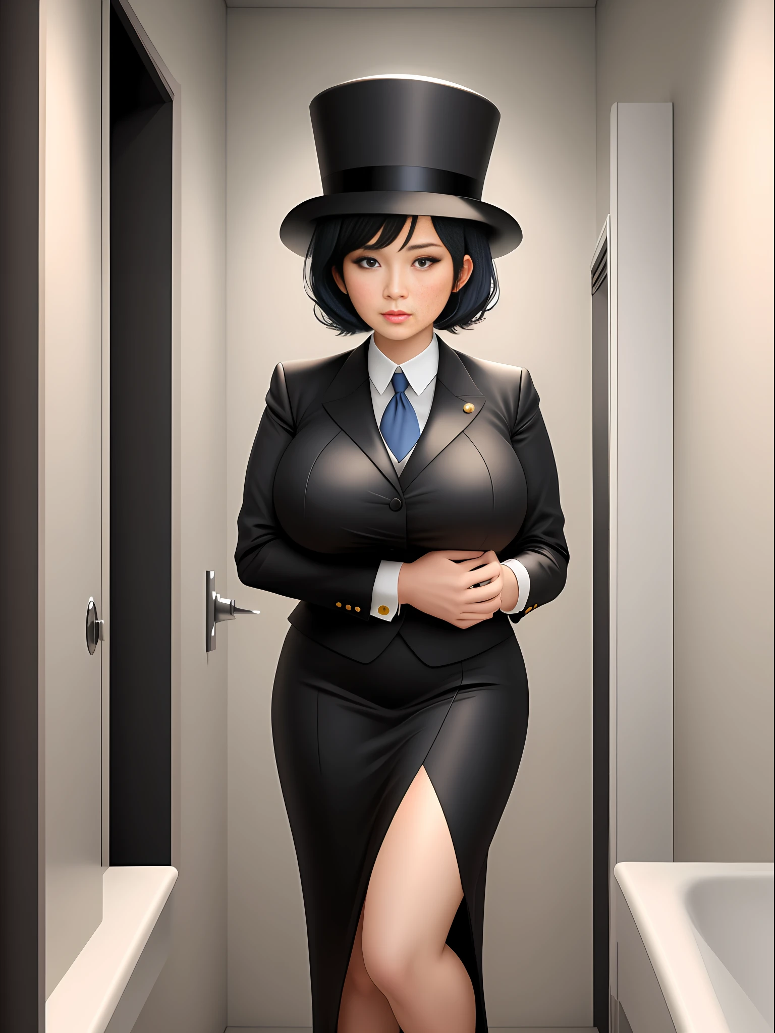 Full body photo, 1 woman in black clothes with white props from an extremely exhibitionist maid and 1 old man of 90 years old with a suit and tie, holding her from behind, immensely large breasts, clothes very tight on the body, looking at the viewer, maid hat, she has short black hair, blue eyes, they are in a bathroom in front of the shower, anime, 16k, best quality, highres, award winning, high details, UHD, masterpiece, anatomically correct, ccurate