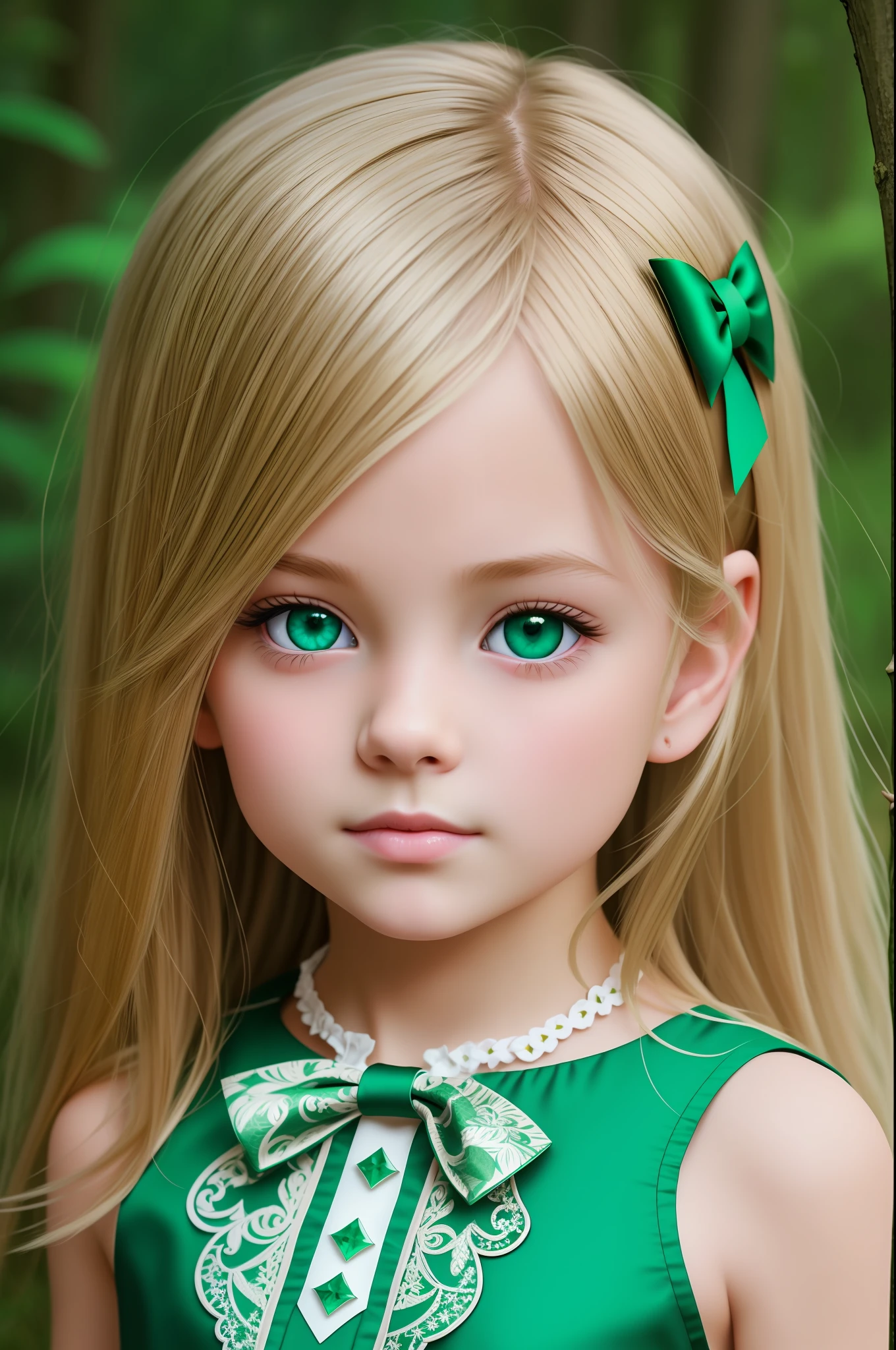 straight blonde hair child girl the small bow in the hair, front photo,emerald green eyes, realistic 8k, elegant, meticulous, magnificent, maximum detail, extremely hyperaesthetic, intricately detailed, background a beautiful forest