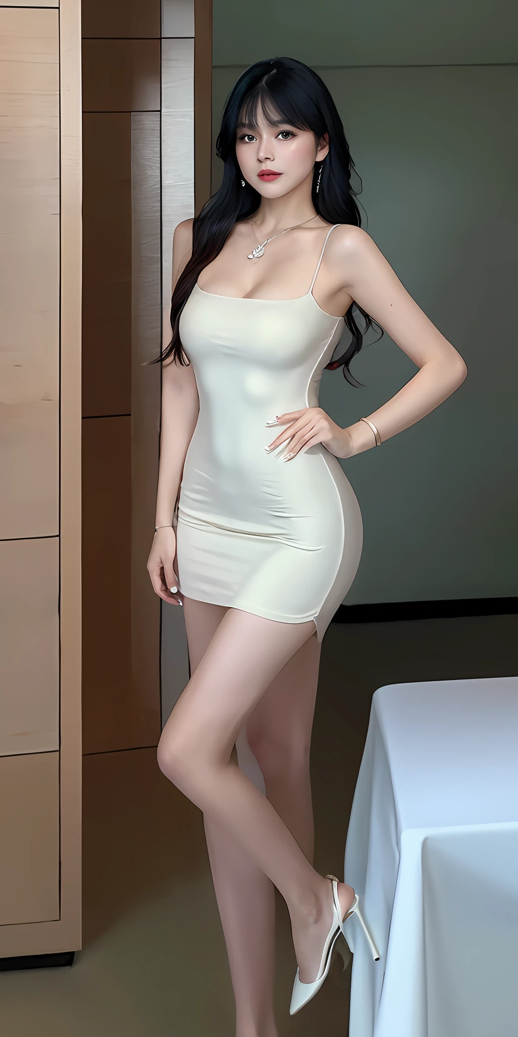 Best quality, masterpiece, illustration, very delicate and beautiful, very detailed, CG, unified, 8k wallpaper, ridiculous, huge file size, very wide lens, soft light, contre_jour, in the office, 1girl, solo, sexy, cute, light smile, long hair, bangs, lipstick, long eyelashes, beautiful delicate eyes, mid-chest, white dress, slip dress, long legs, beautiful legs, high heels, standing, full body, Fujifilm X-T3 photo, transparent