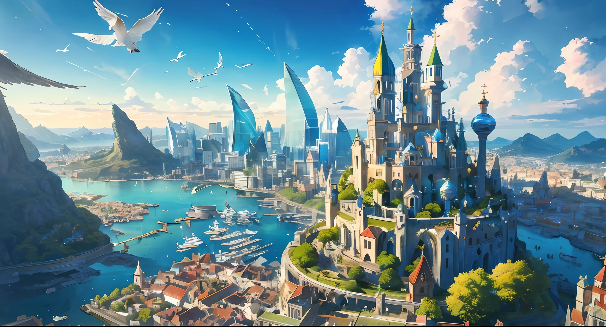 highres, ((materpiece)), ((4k)), best quality:1.2, cinematic lighting:0.9, amazing shadows, caravaggio style shadowing, ((amazing perspective:1.2)),
BREAK
depict a magical floating city in the sky, surrounded by sun and clouds, (vivid, colorful small island floating around), complex glass buildings:1.2, warm ambiance, iridescent light, ((green plants and colorful trees growing around)), ((amazing light, kaleidoscope)), fantasy art, official gme art, concept art:1.2
BREAK
depict a beautiful glass city with birds flying in the blue sky. create flags with a logo on it representing the city. gives this image a sense of traveling, and inspiration.