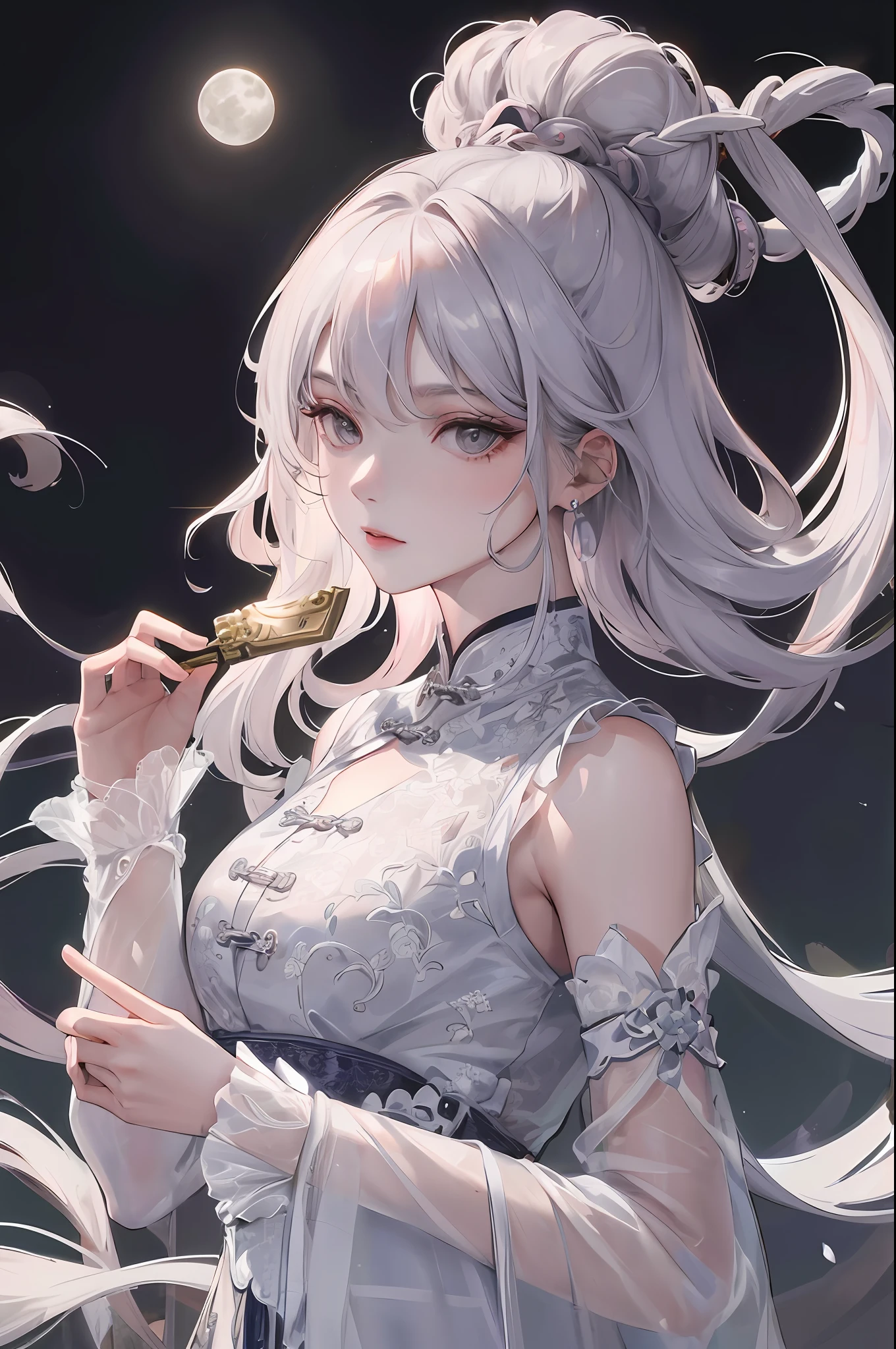Masterpiece, Excellent, Night, Full Moon, 1 Woman, Mature Woman, Chinese Style, Antique China, Sister, Royal Sister, Cold Face, Expressionless, Silver-White Long-Haired Woman, Light Pink Lips, Calm, Intellectual, Three Bands, Gray Eyes, Assassin, Short Knife, Flower Ball Background, Walking in the Street View, Facial Details